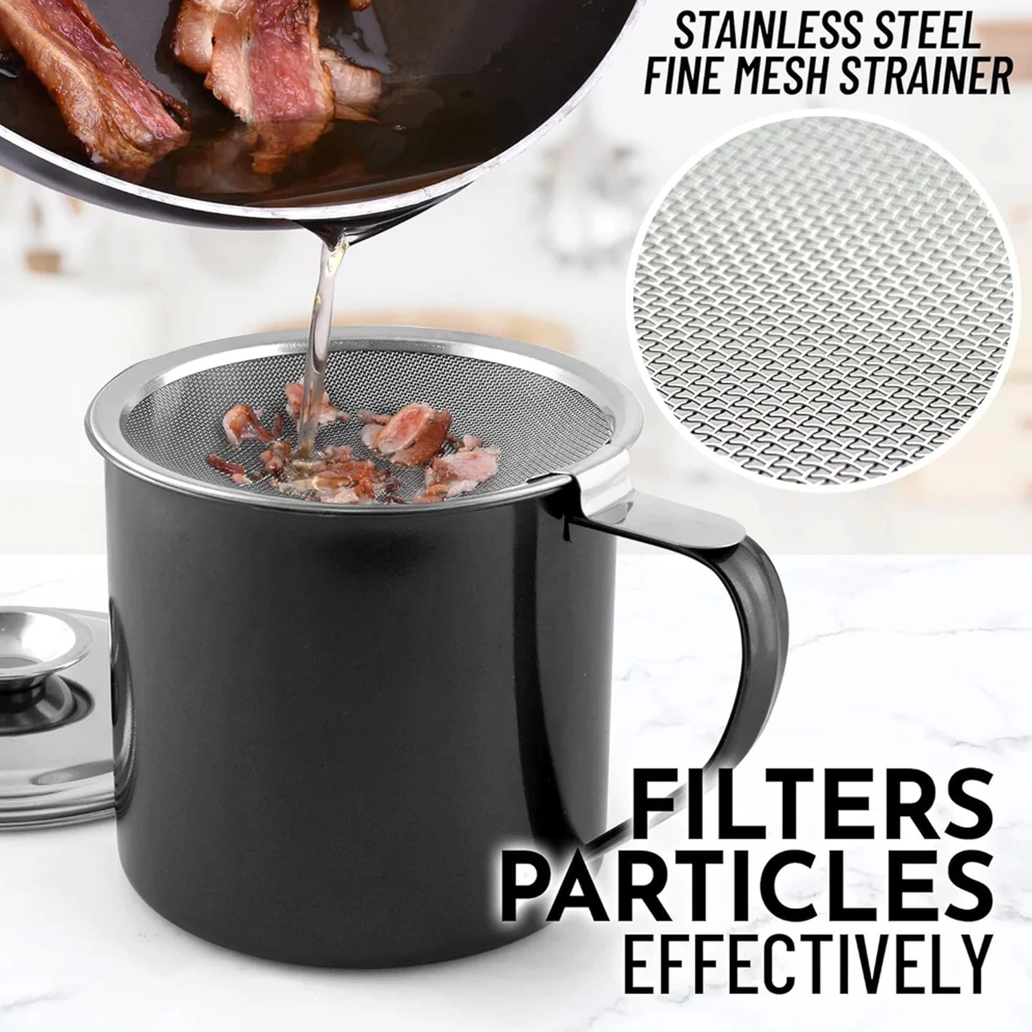 Bacon Grease Container With Strainer And Lid