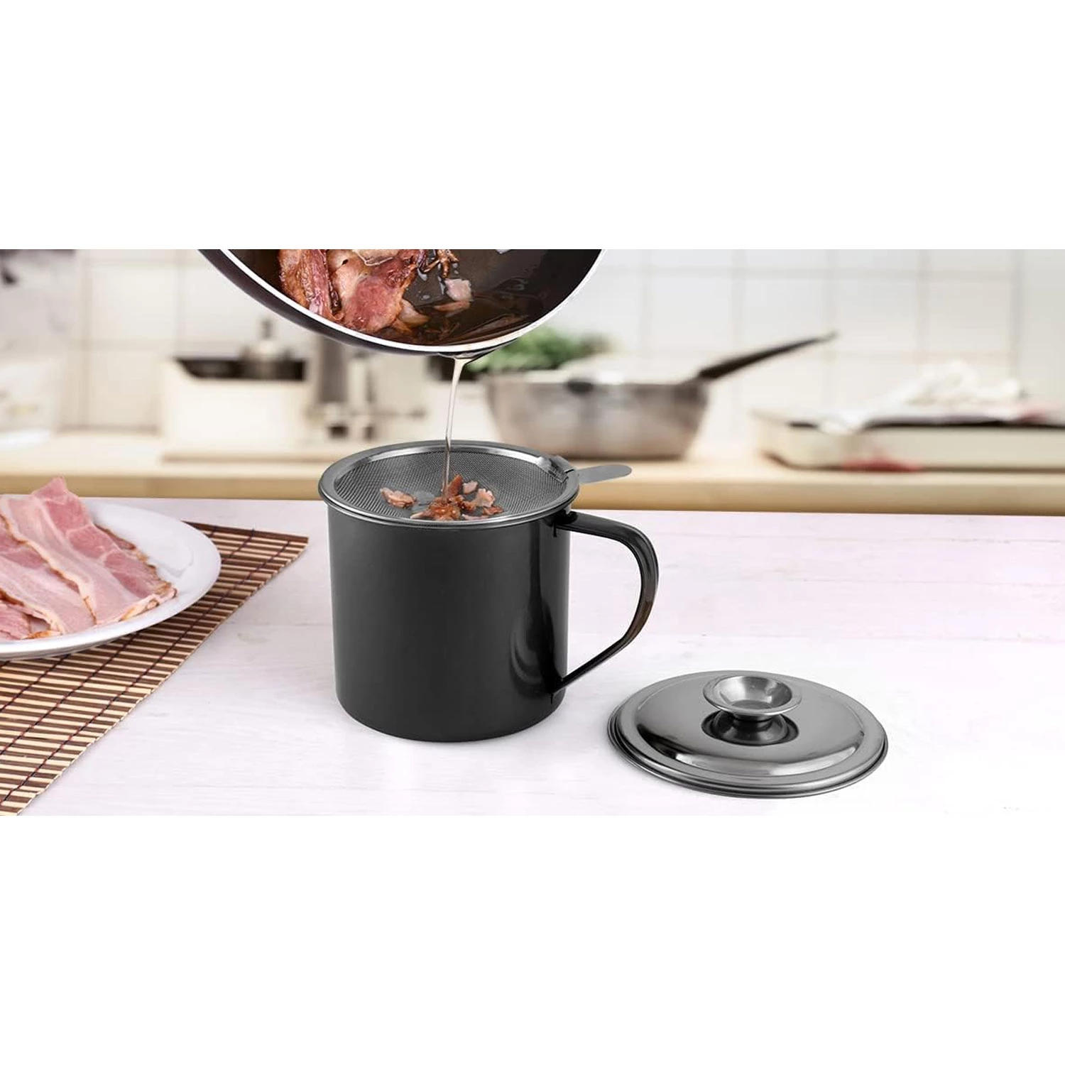 Bacon Grease Container With Strainer And Lid