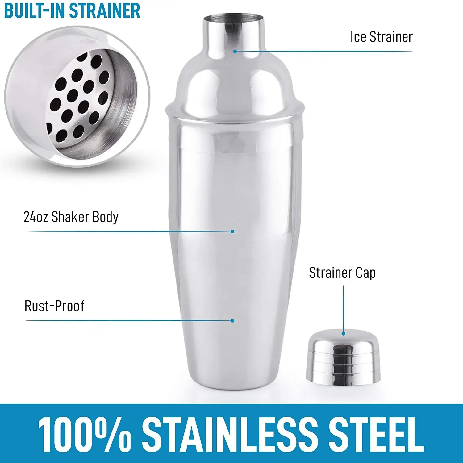 Cocktail Shaker with Built-in Strainer (24oz)