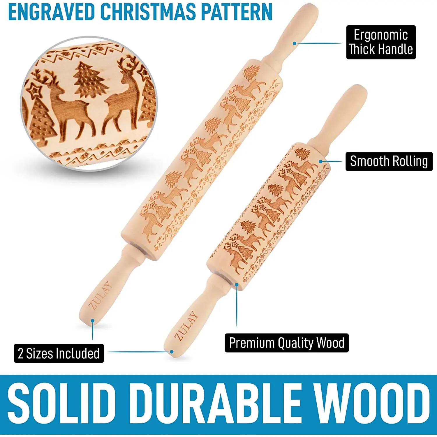 Wooden Carved Christmas Rolling Pin (Set Of 2)