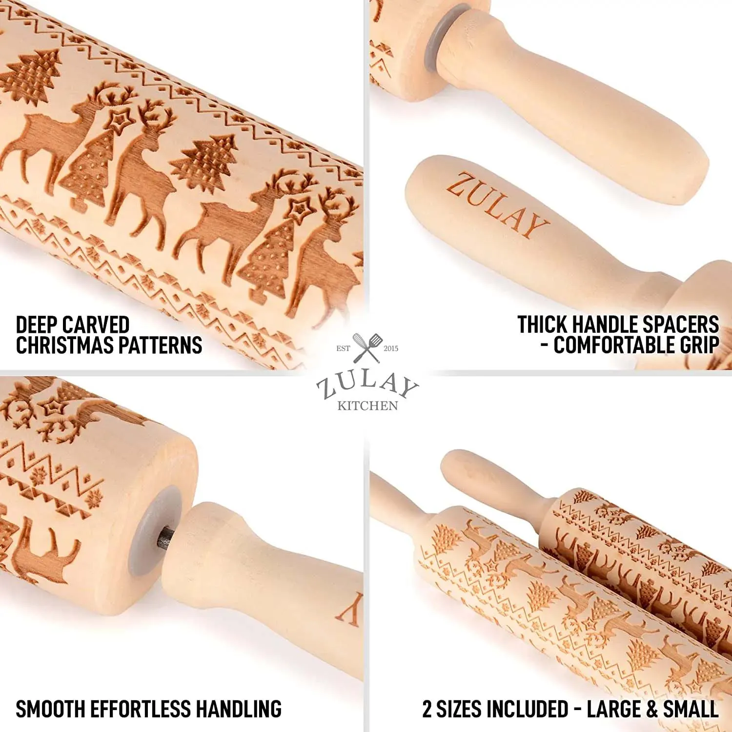 Wooden Carved Christmas Rolling Pin (Set Of 2)