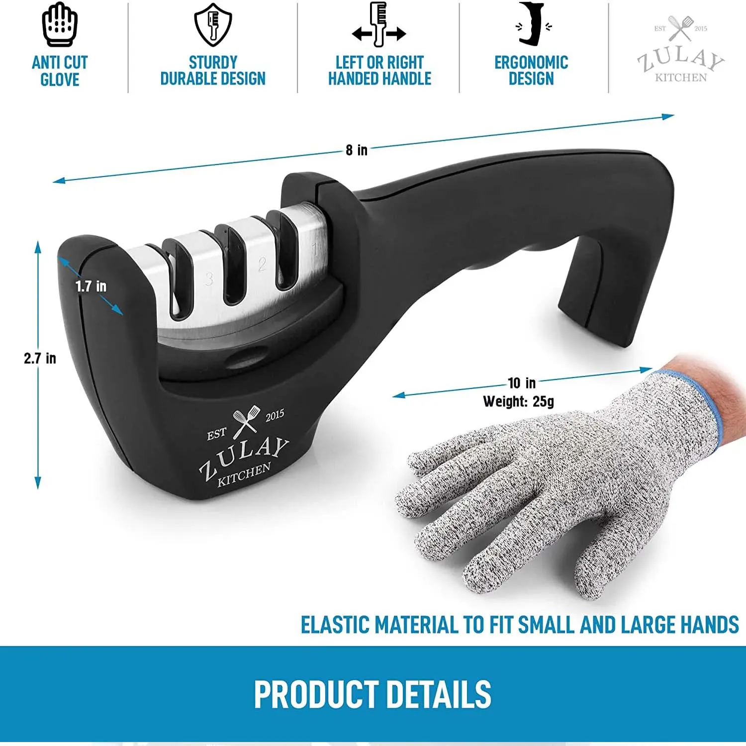 Zulay Kitchen 3 Stage Knife Sharpener And Cut-resistant Glove