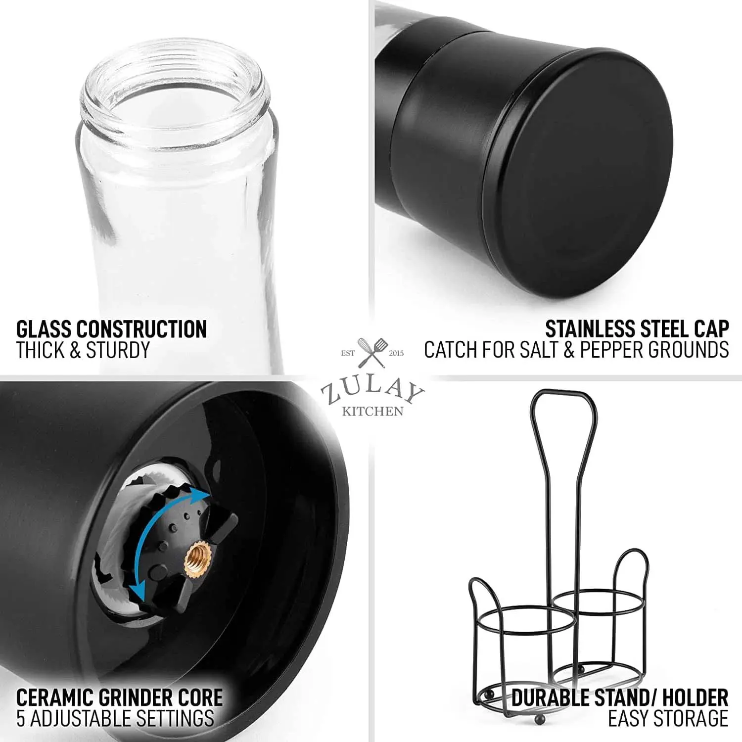 Salt And Pepper Grinder With Adjustable Coarseness Options & Portable Holder