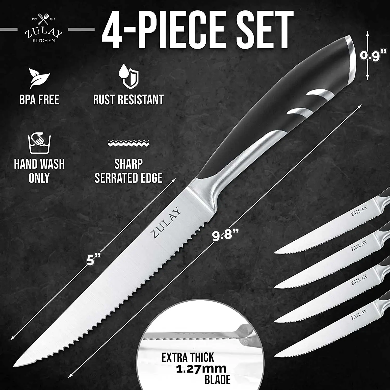 Steak Knives Set Of 4 - 5 Inch Full Tang Serrated Stainless Steel Steak Knife Set