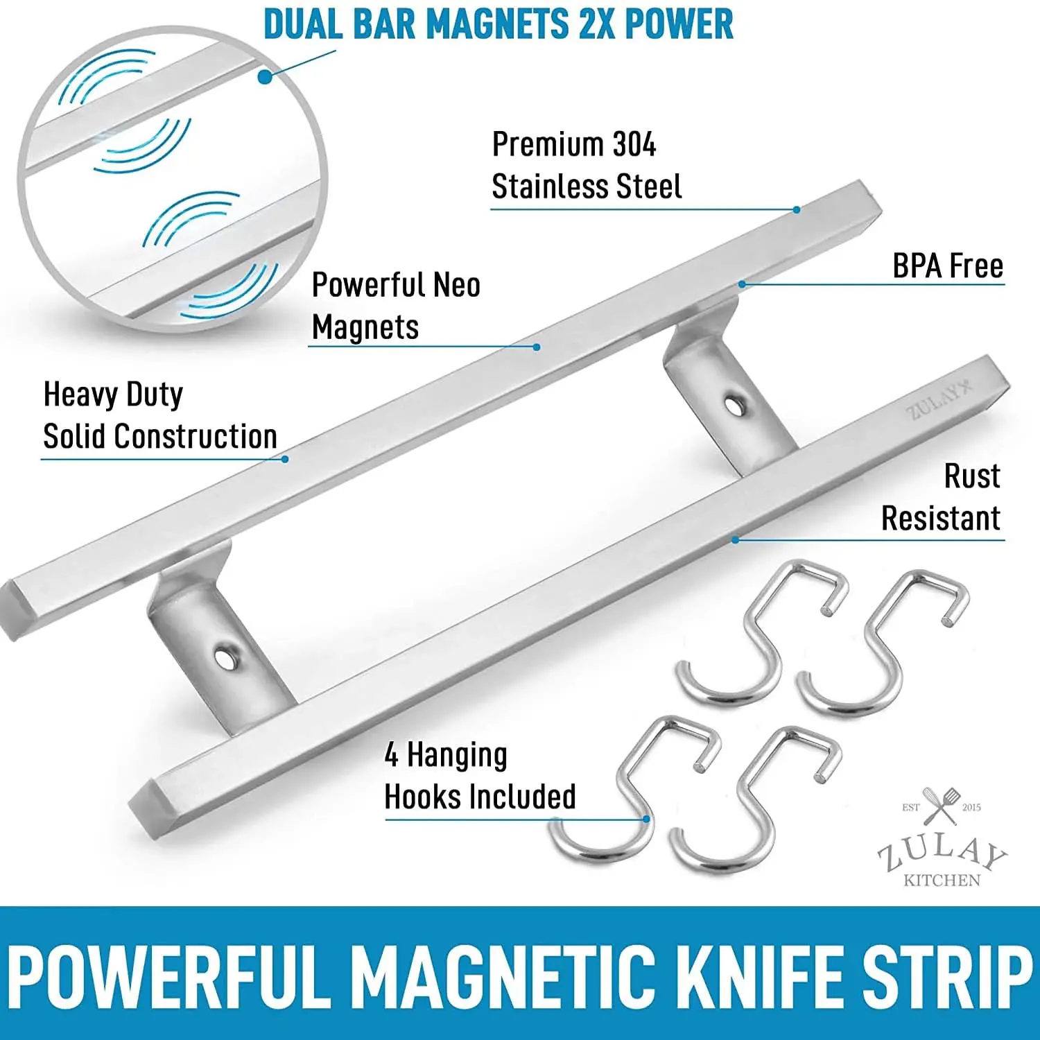 Wall Mount Stainless Steel Magnetic Knife Holder With Extra Hanging Hooks