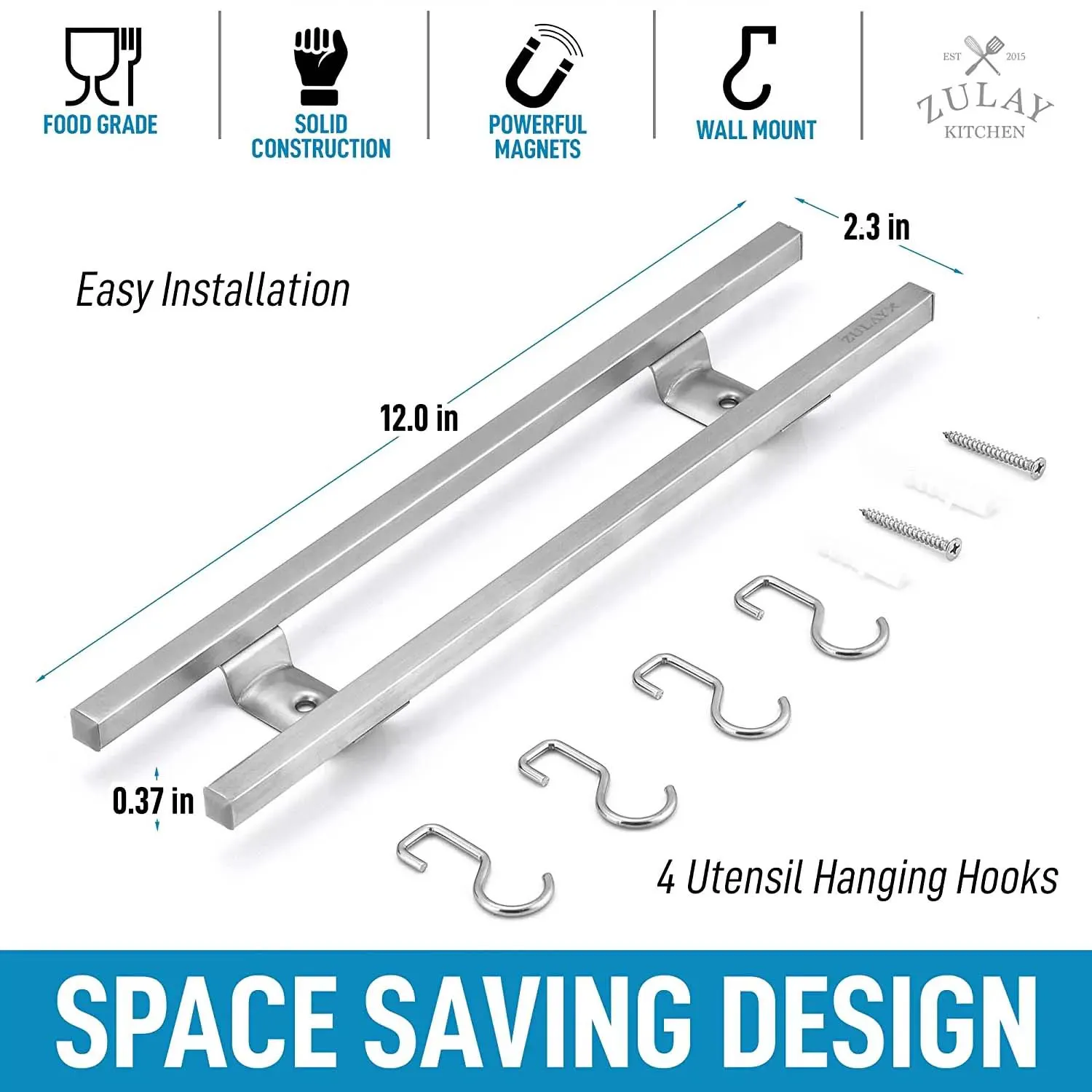 Wall Mount Stainless Steel Magnetic Knife Holder With Extra Hanging Hooks