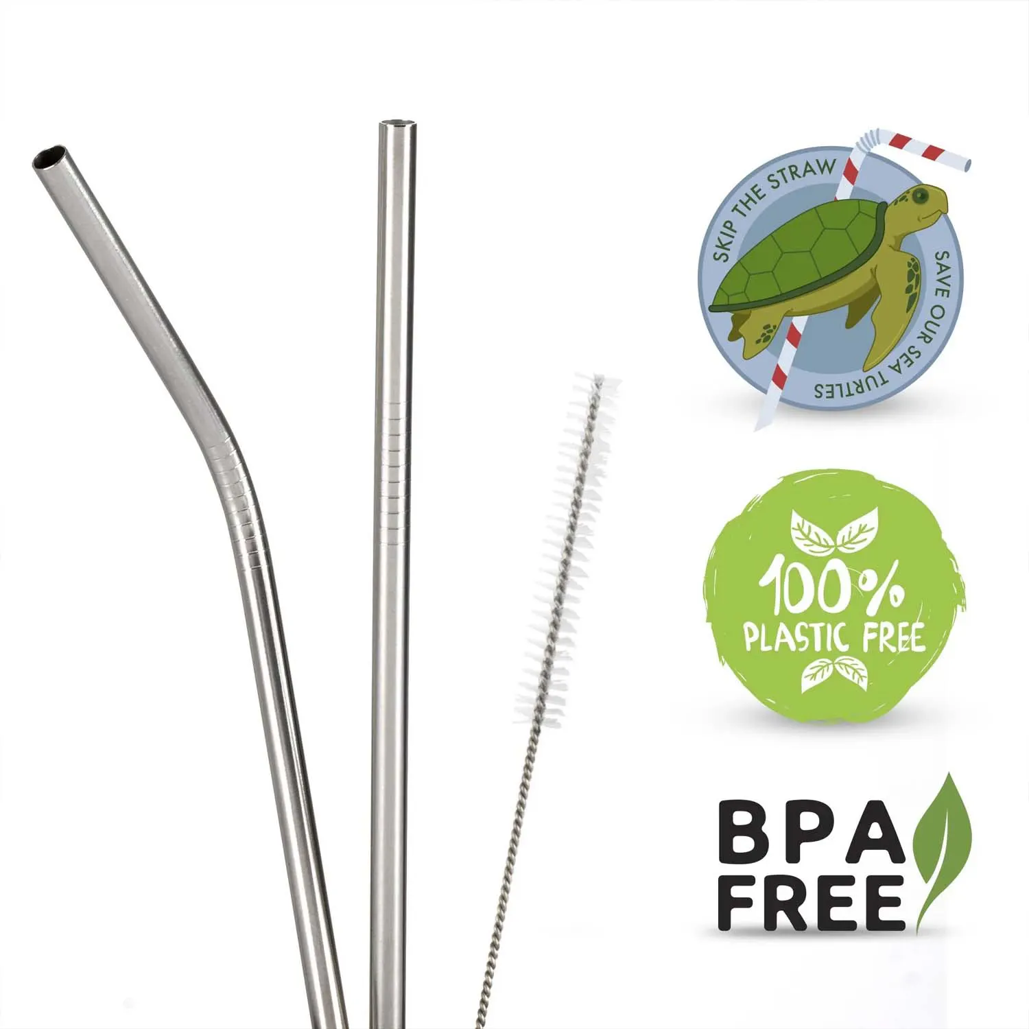 Stainless Steel Straws - Eco-Friendly Reusable Straws - Set of 2 with Cleaning Brush