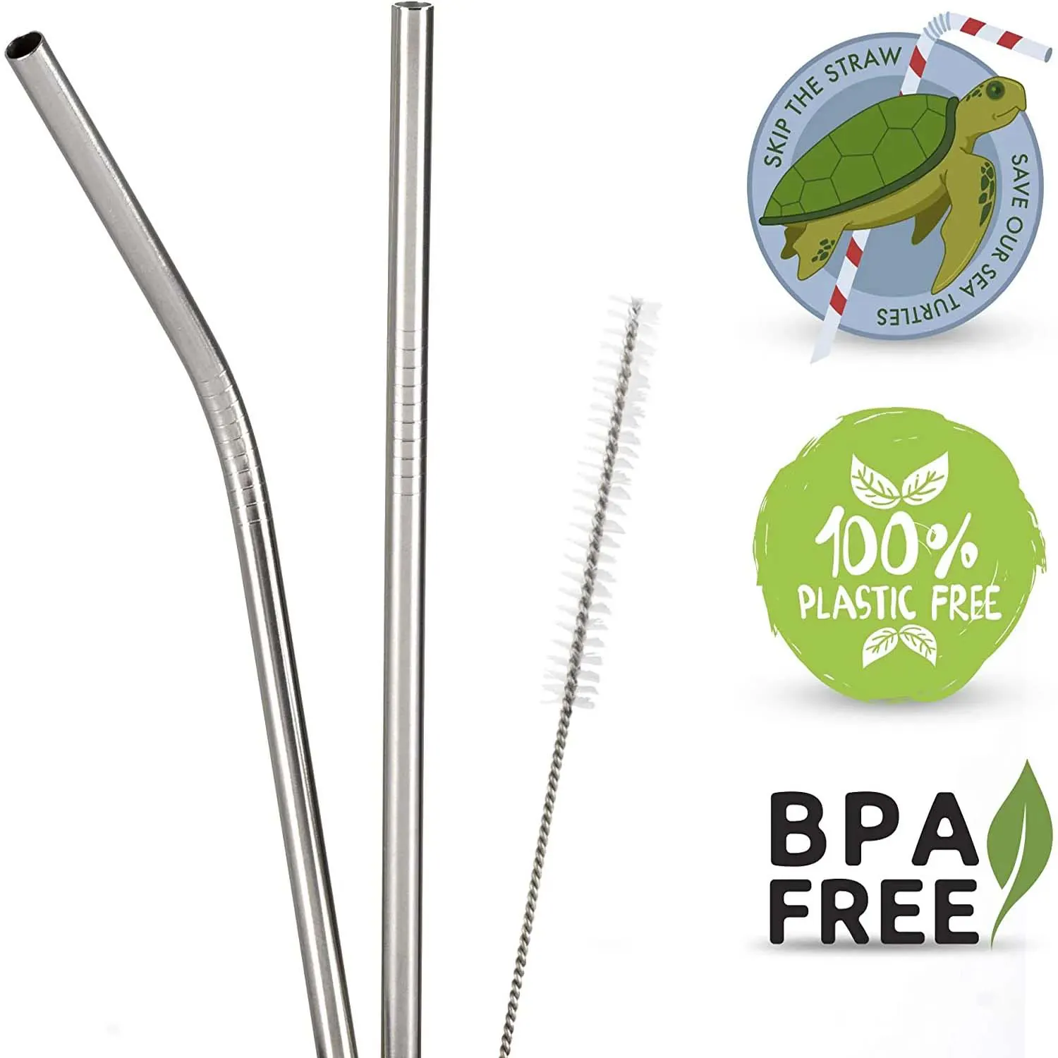 Stainless Steel Straws - Eco-Friendly Reusable Straws - Set of 2 with Cleaning Brush