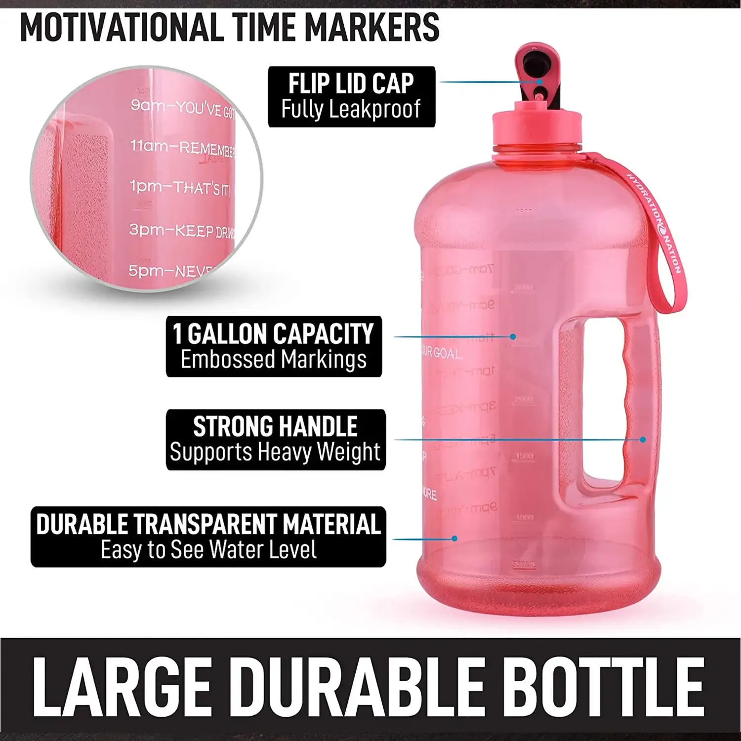 Hydration Nation 1 Gallon Water Bottle With Motivational Time Reminder