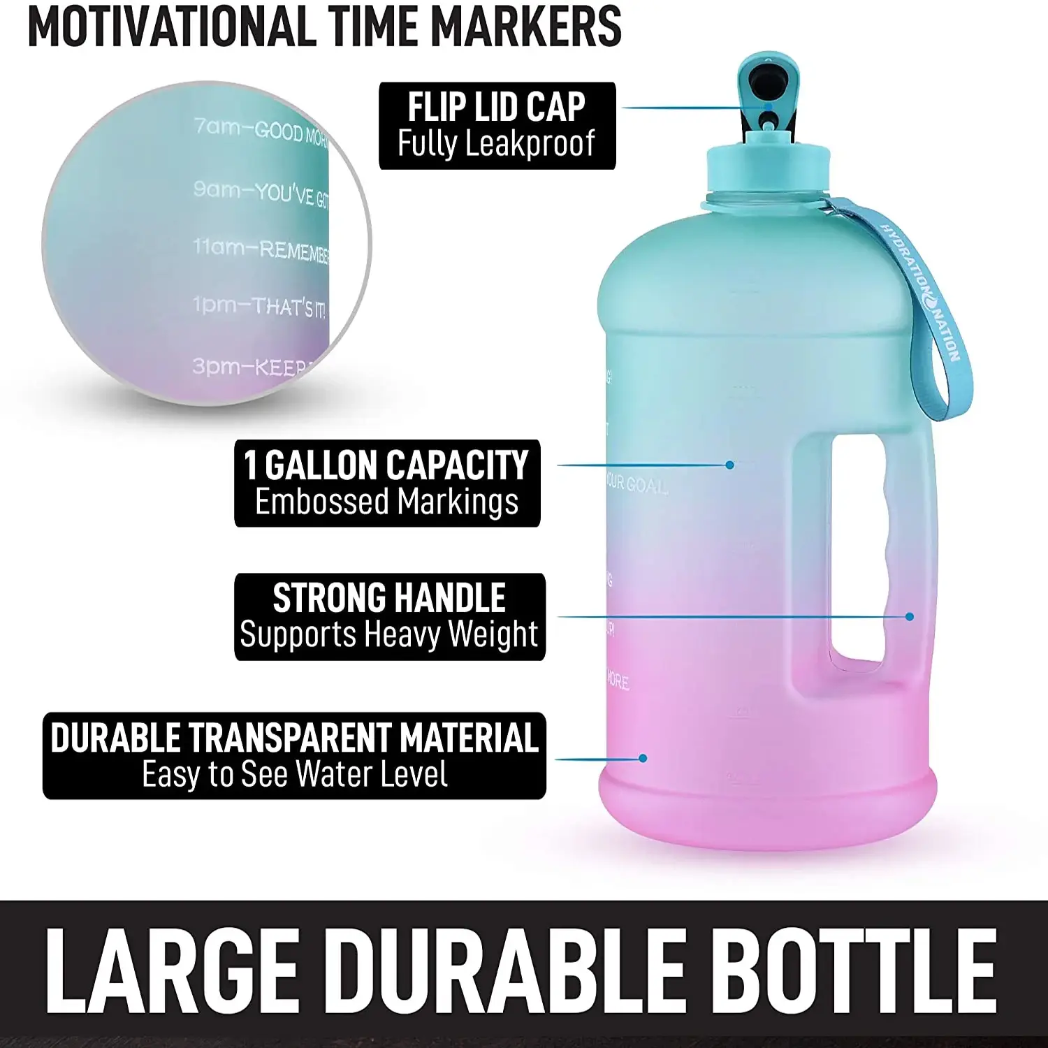 Hydration Nation 1 Gallon Water Bottle With Motivational Time Reminder