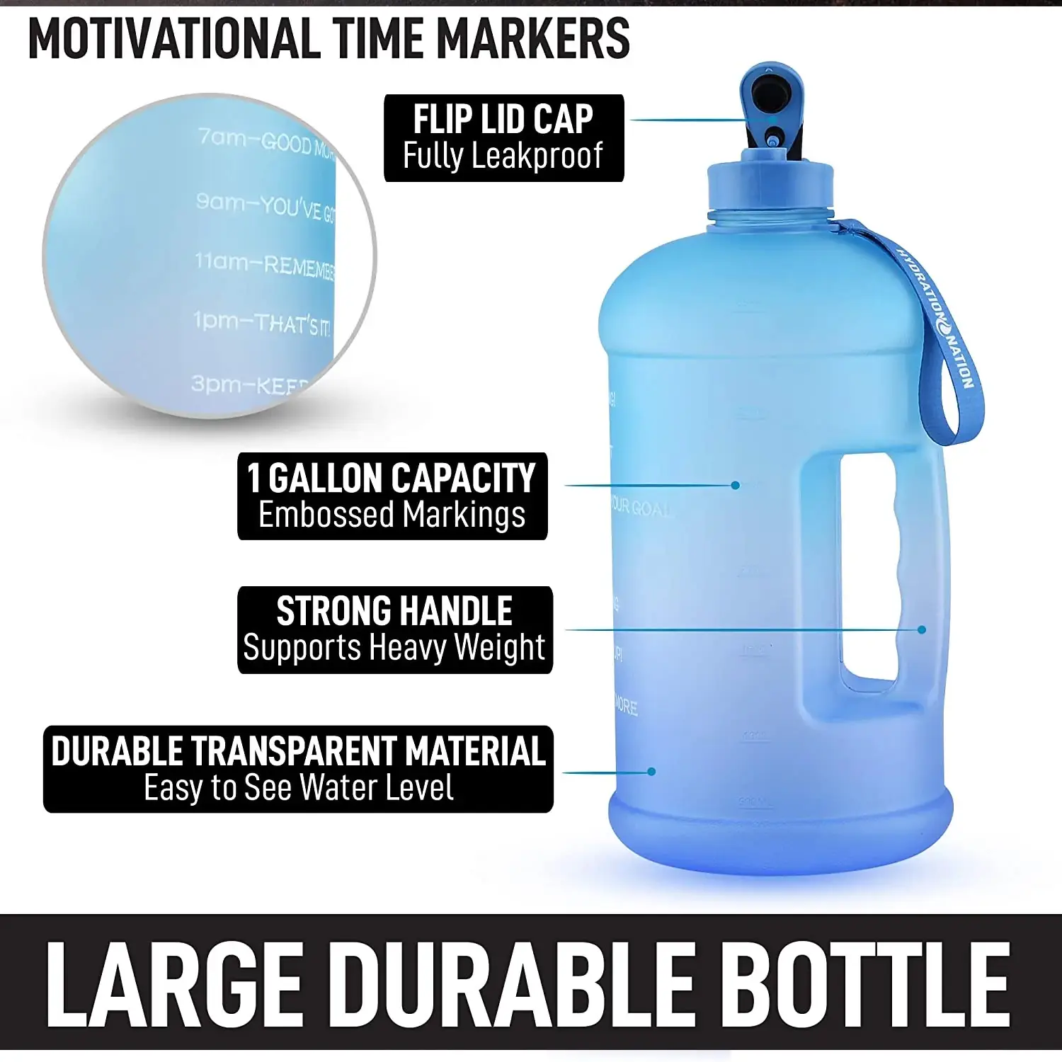 Hydration Nation 1 Gallon Water Bottle With Motivational Time Reminder