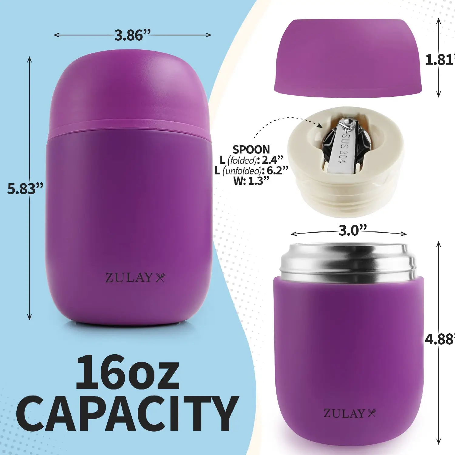 Zulay 16oz Vacuum Insulated Food Jar For Hot Foods Stainless Steel