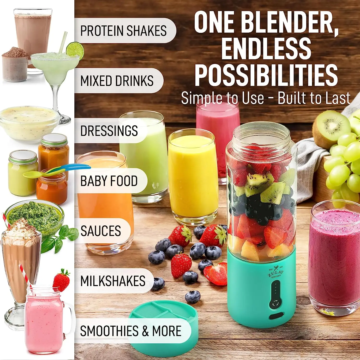 Zulay Kitchen 18 oz Personal Blenders that Crush Ice - USB-C Rechargeable Cordless Travel Blender