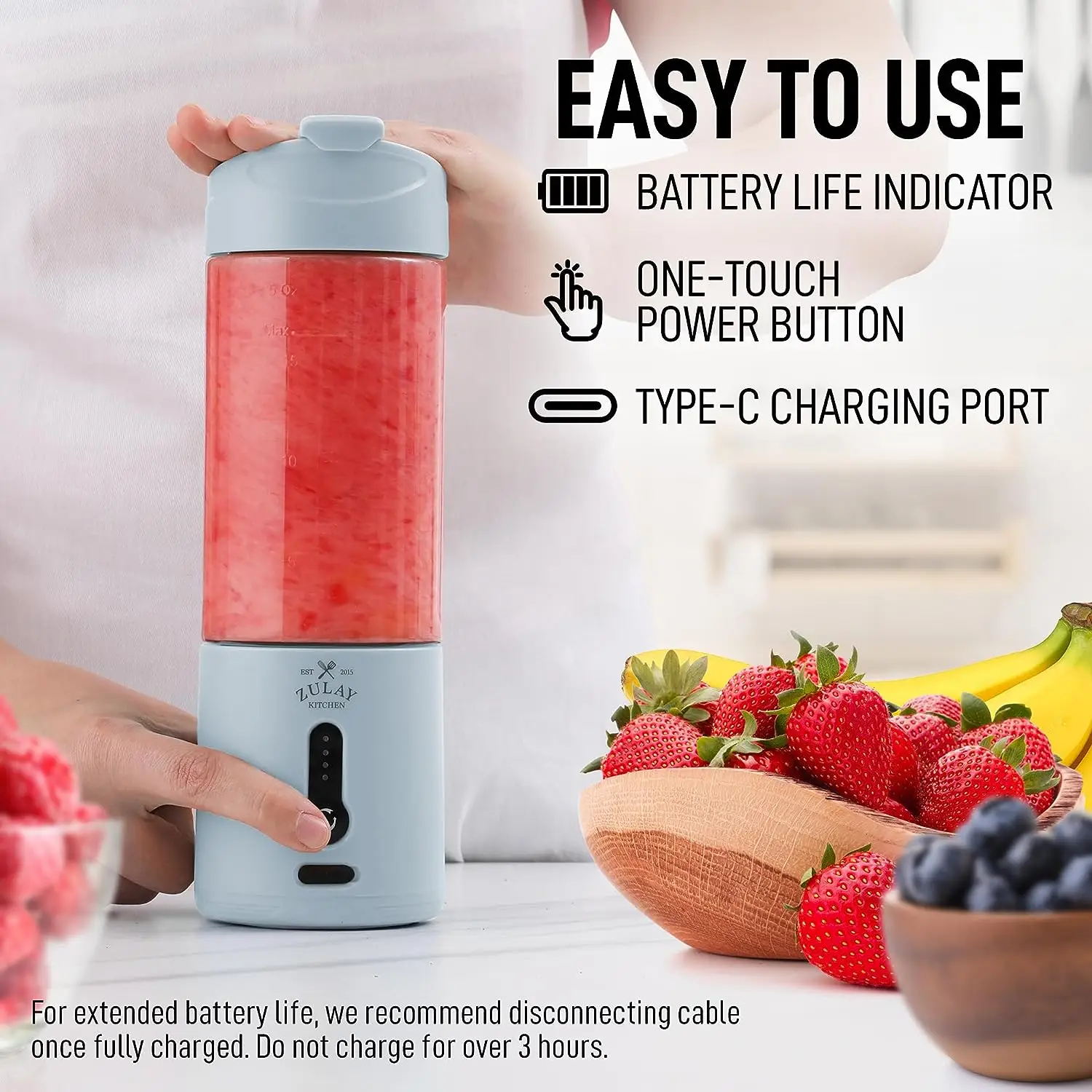 Zulay Kitchen 18 oz Personal Blenders that Crush Ice - USB-C Rechargeable Cordless Travel Blender
