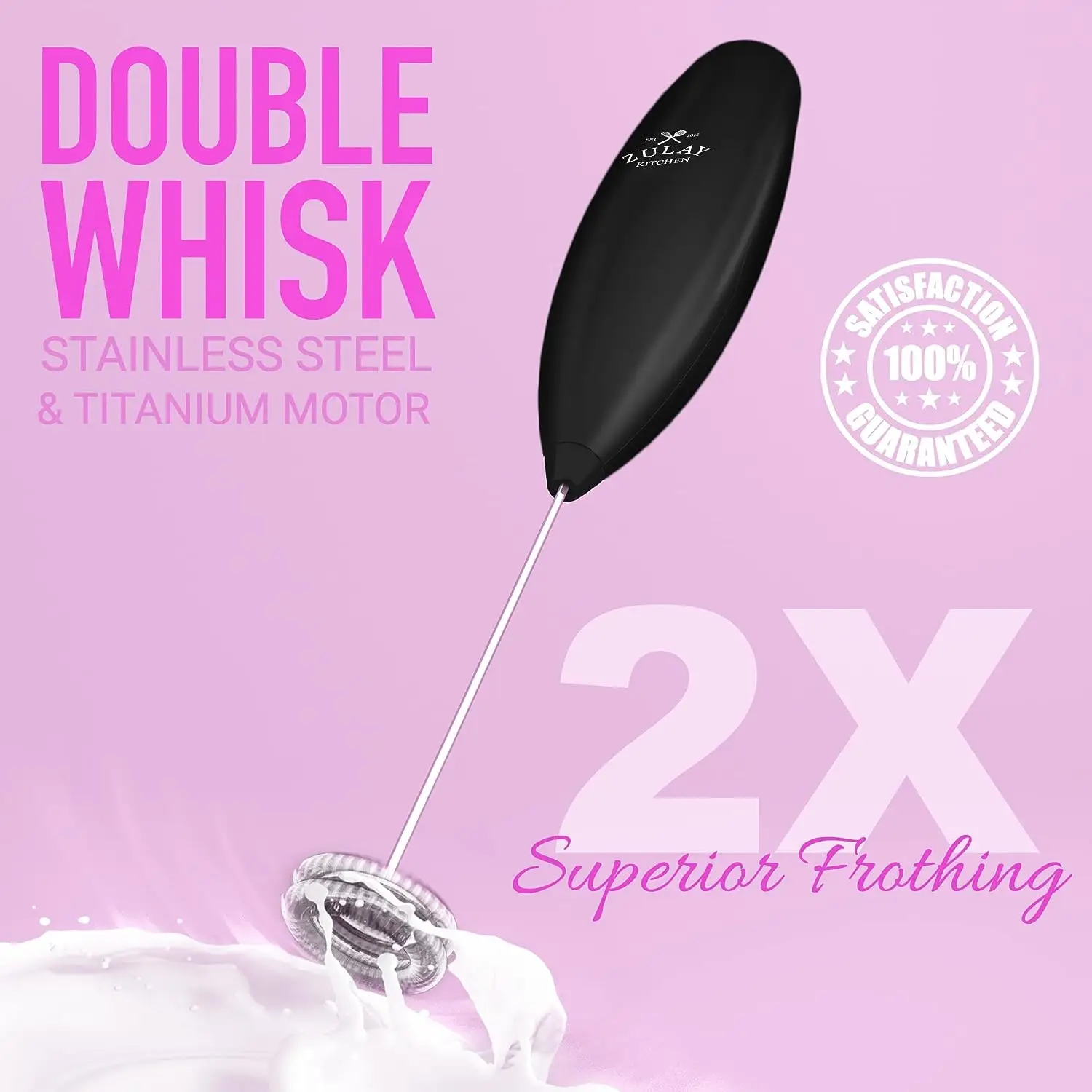 Zulay Double Whisk Milk Frother Handheld Mixer - High Powered Frother For Coffee With Improved Motor
