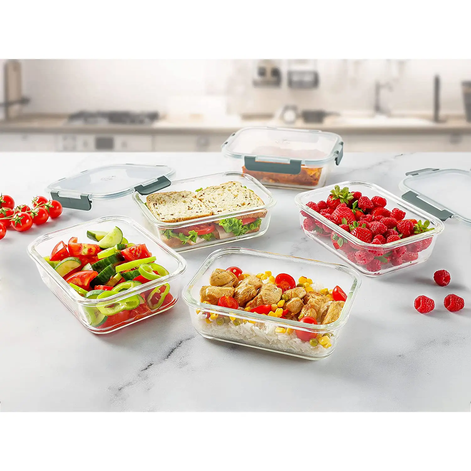 Snap Lock Glass Food Container with Lids (5-Pack)
