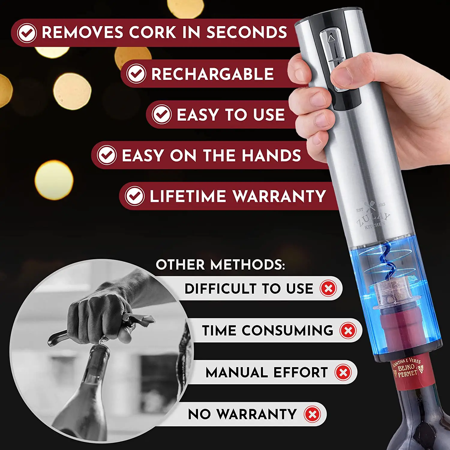 Zulay Electric Wine Opener With Charging Base and Foil Cutter