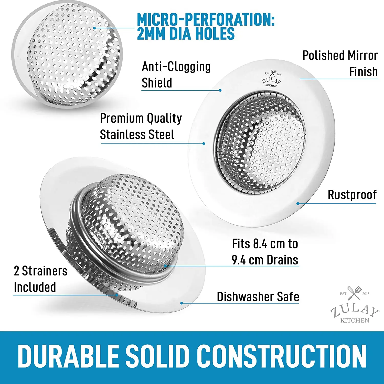 Sink Drain Strainer (2 Pack) - Wide Rim 4.5” Diameter