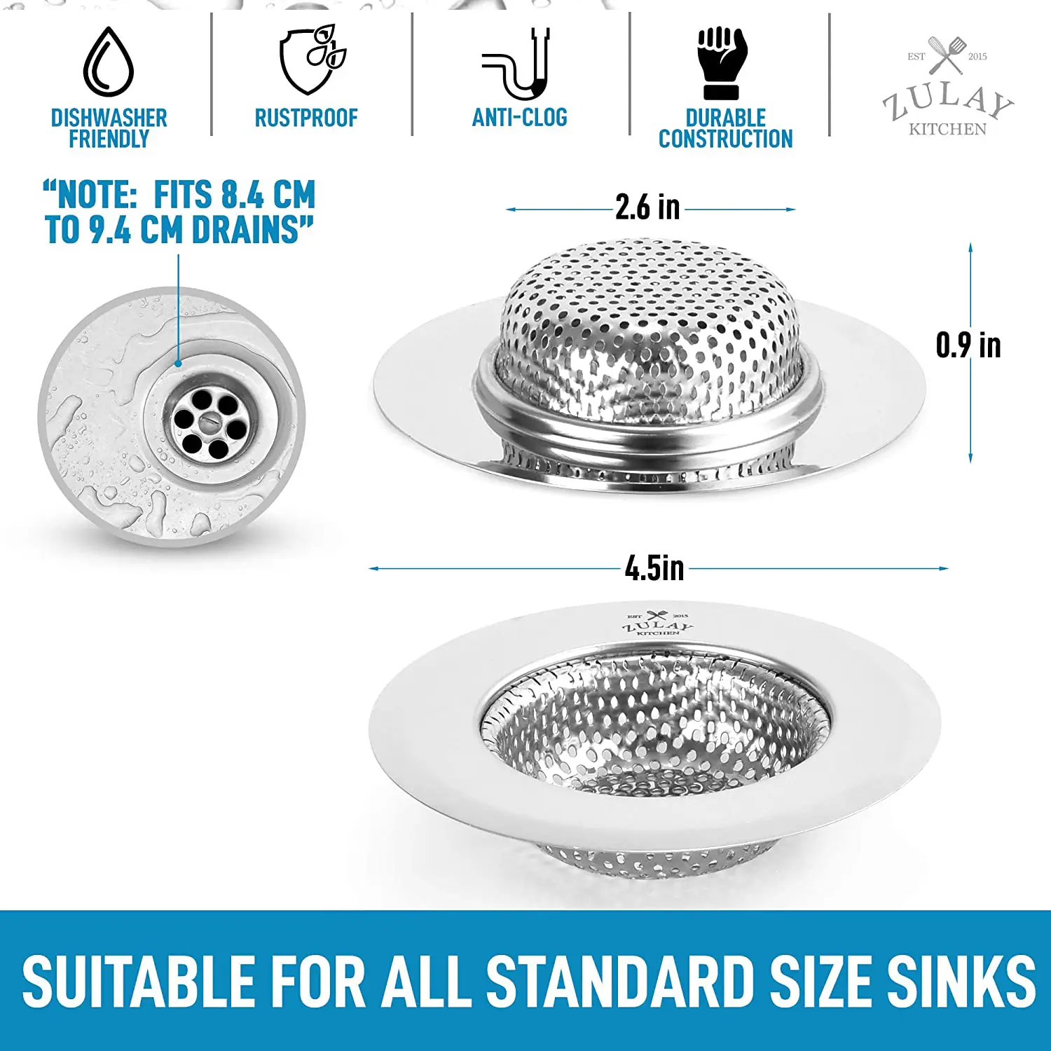 Sink Drain Strainer (2 Pack) - Wide Rim 4.5” Diameter