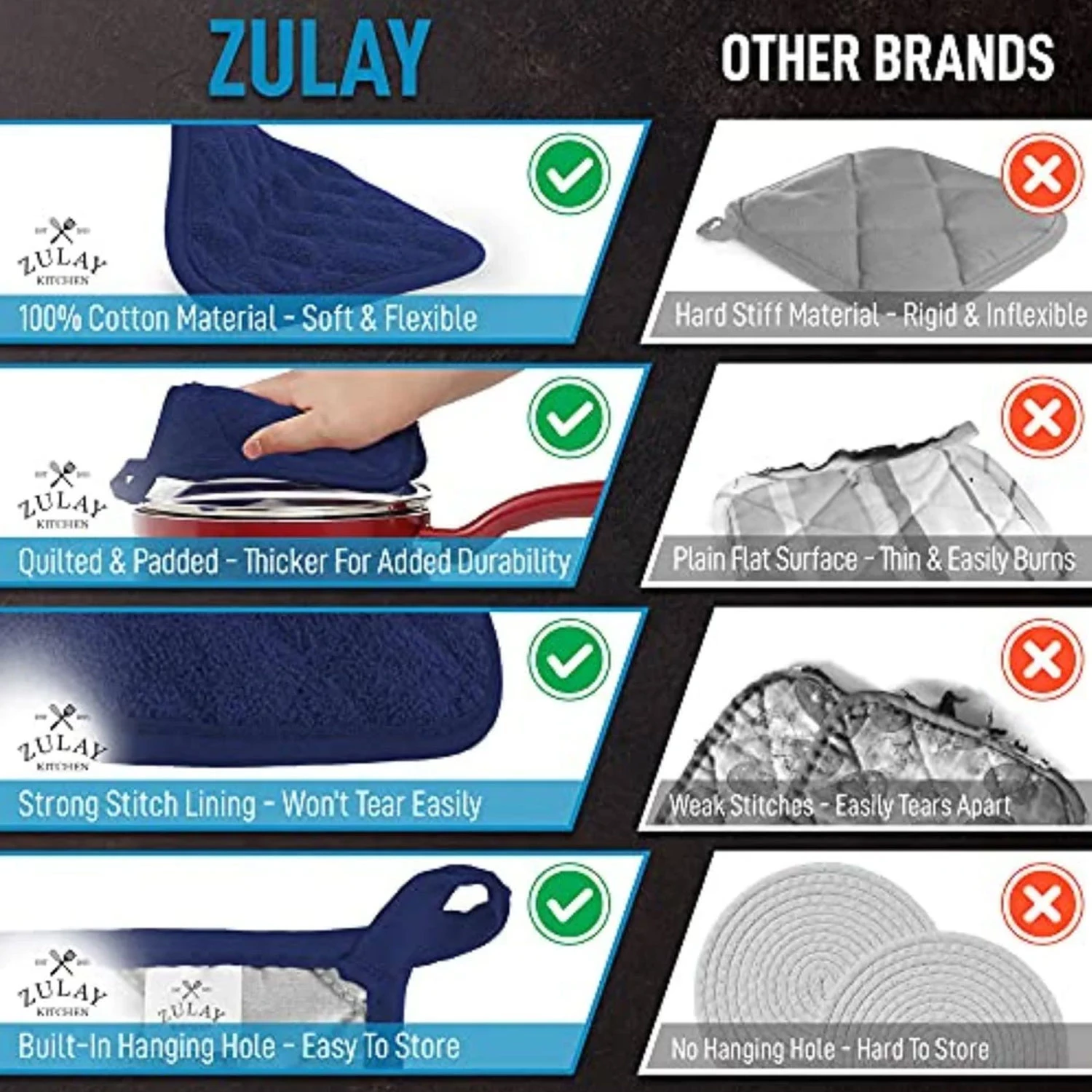 Zulay 3-Pack Heat Resistant Cotton Kitchen Pot Holders