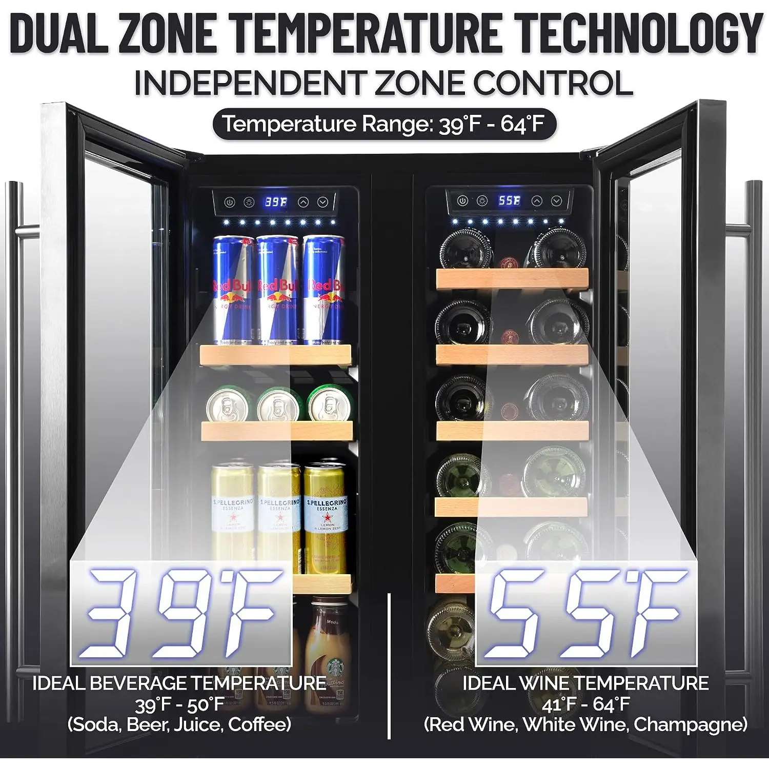 Zulay  Dual Zone Wine Cooler Refrigerator - Stainless Steel Beverage Refrigerator with Glass