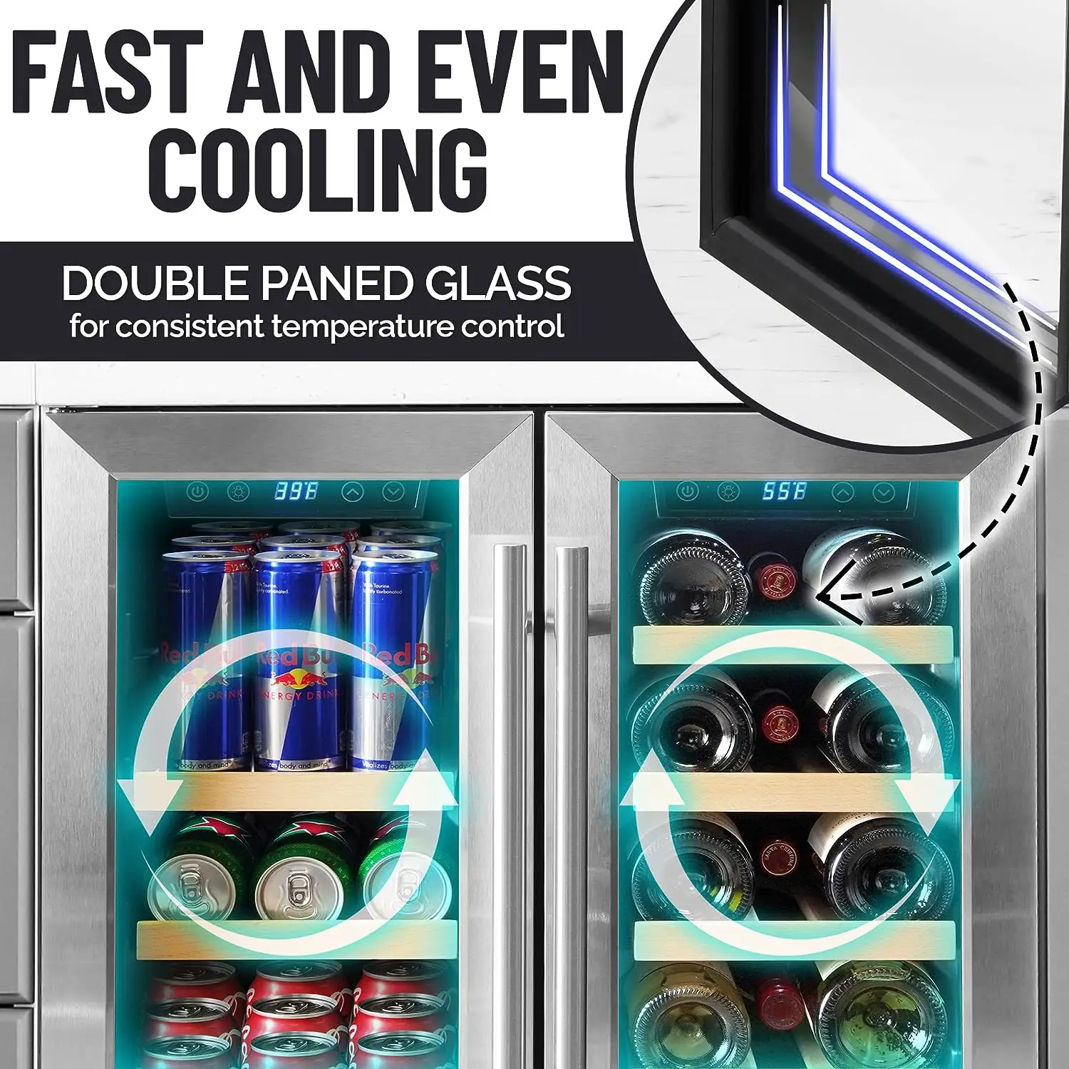 Zulay  Dual Zone Wine Cooler Refrigerator - Stainless Steel Beverage Refrigerator with Glass