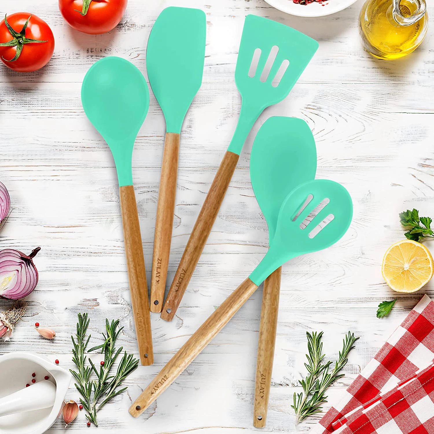 Non-Stick Silicone Cooking Utensils Set with Authentic Acacia Wood Handles