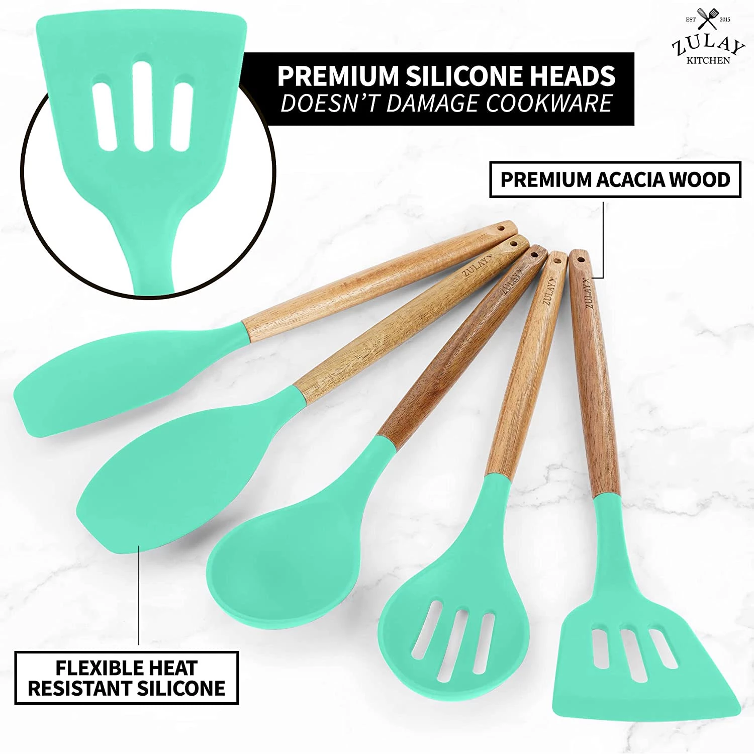 Non-Stick Silicone Cooking Utensils Set with Authentic Acacia Wood Handles