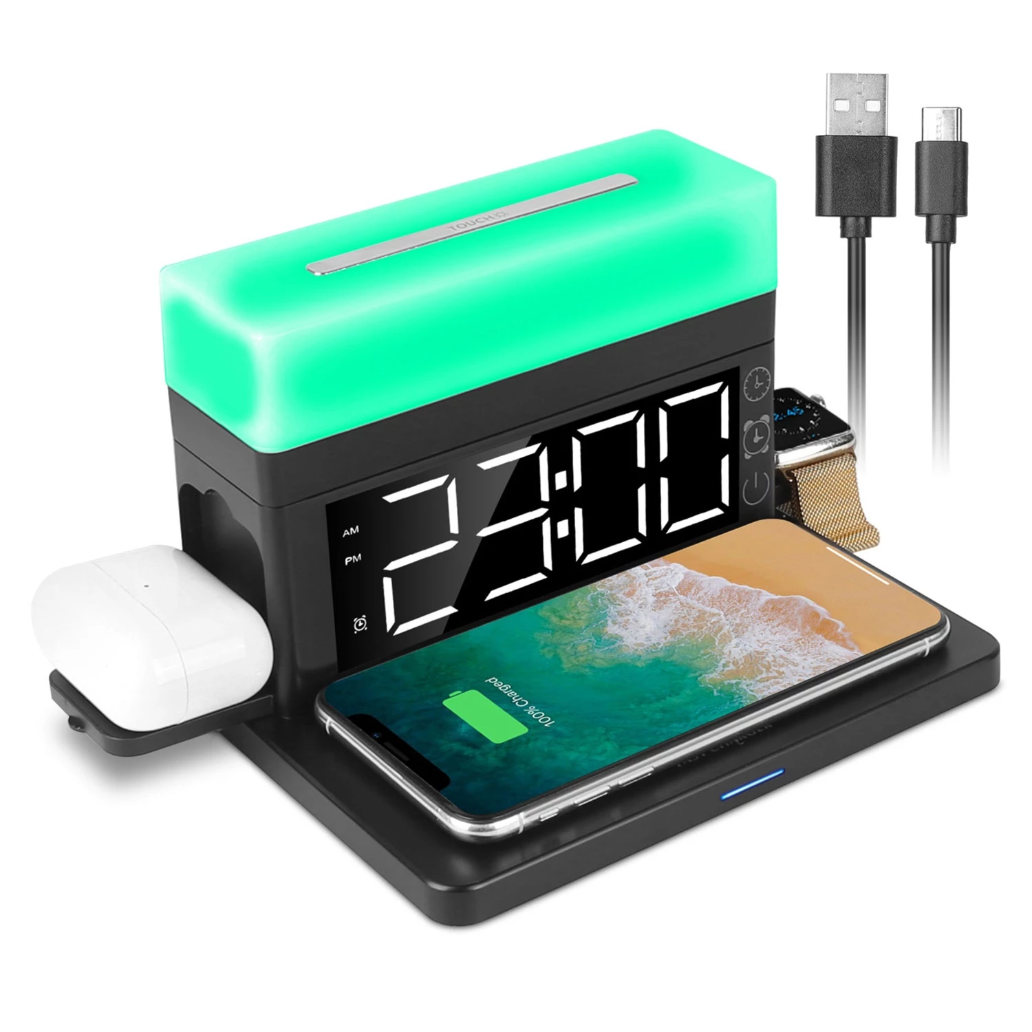 3-in-1 Fast Wireless Charger Dock with Alarm Clock, Dimmable Night Light - iPhone 14/13/12/11/Pro Ma