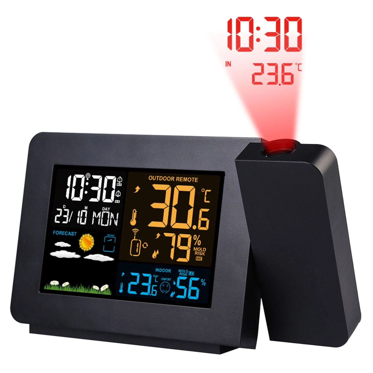 Wireless Weather Station with Atomic Projection Alarm Clock, Dual Alarms, and Outdoor Sensor