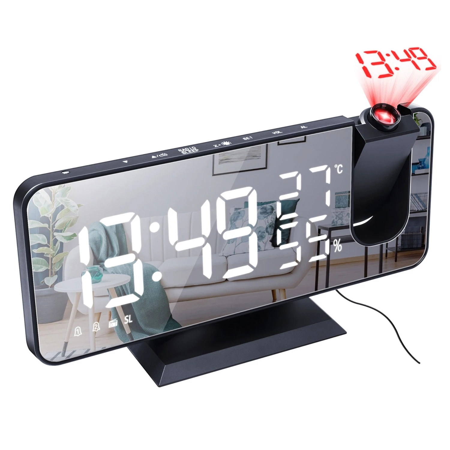 Mirror LED Projection Alarm Clock - Dual Alarms, USB Port, 4 Dimmer, 12/24 Hour