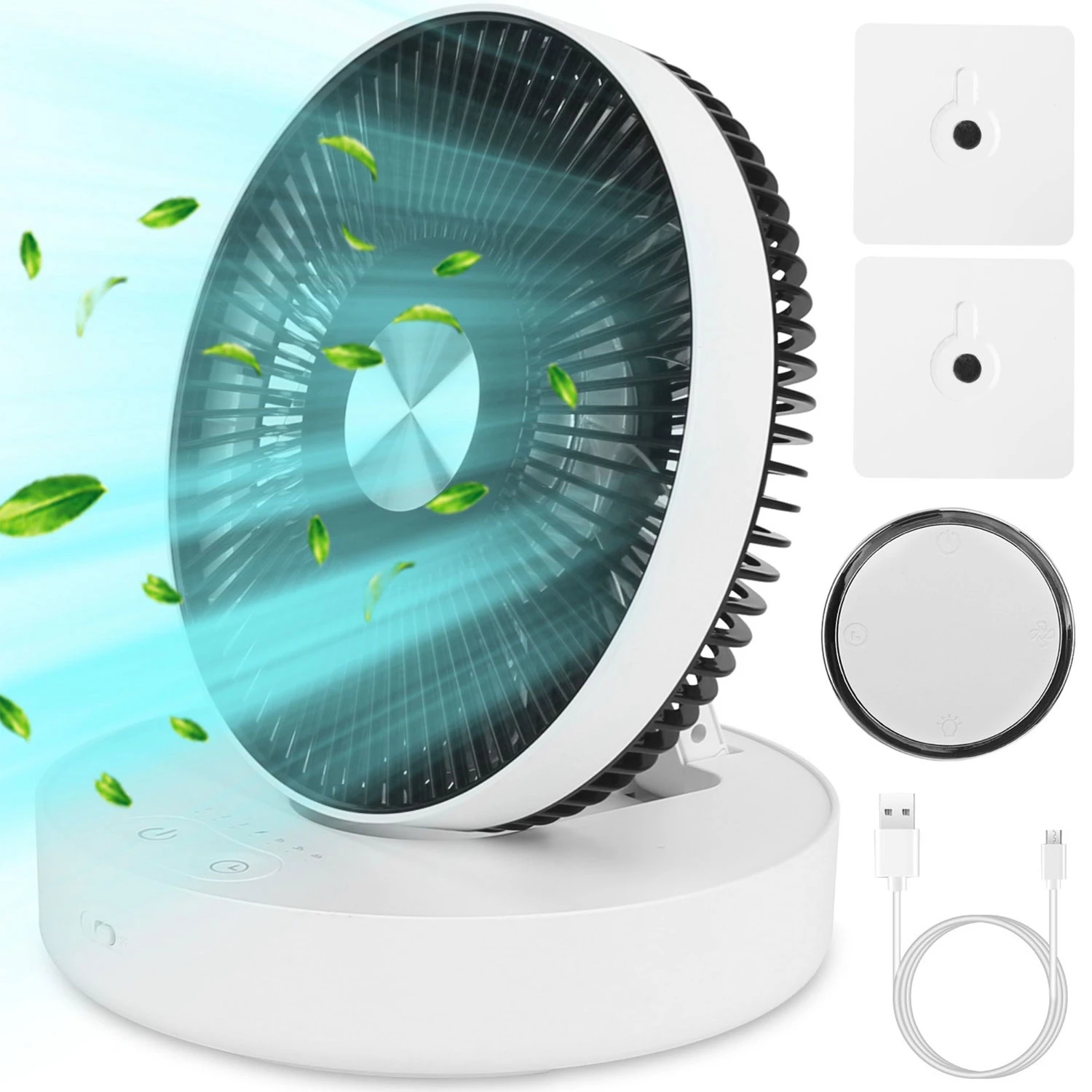 Foldable Rechargeable LED Desk Fan - Wall Mounted, Magnetic Remote, 4 Speeds, 2 Brightness, Time Set
