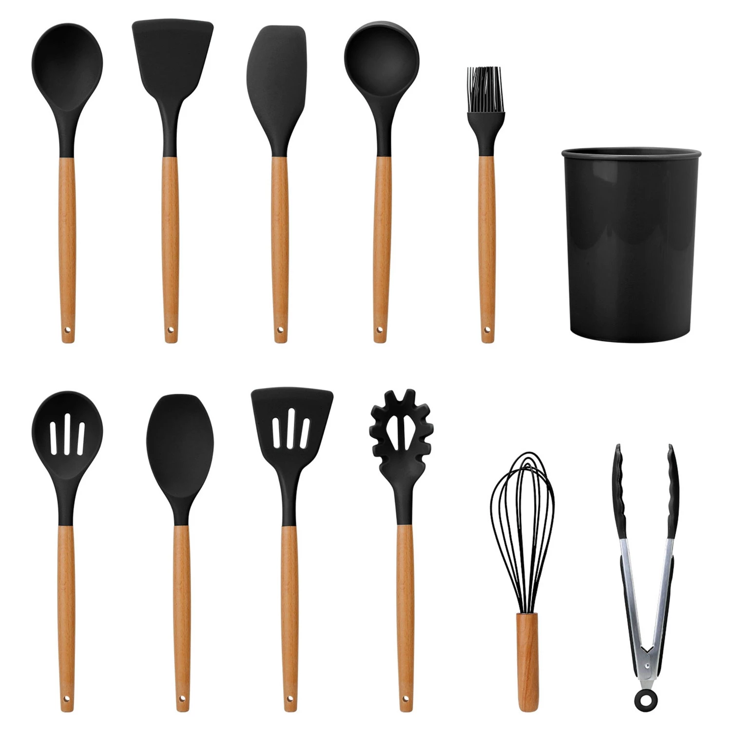 11-piece Silicone Cooking Utensil Set With Heat-resistant Wooden Handle - Spatula, Turner, Ladle