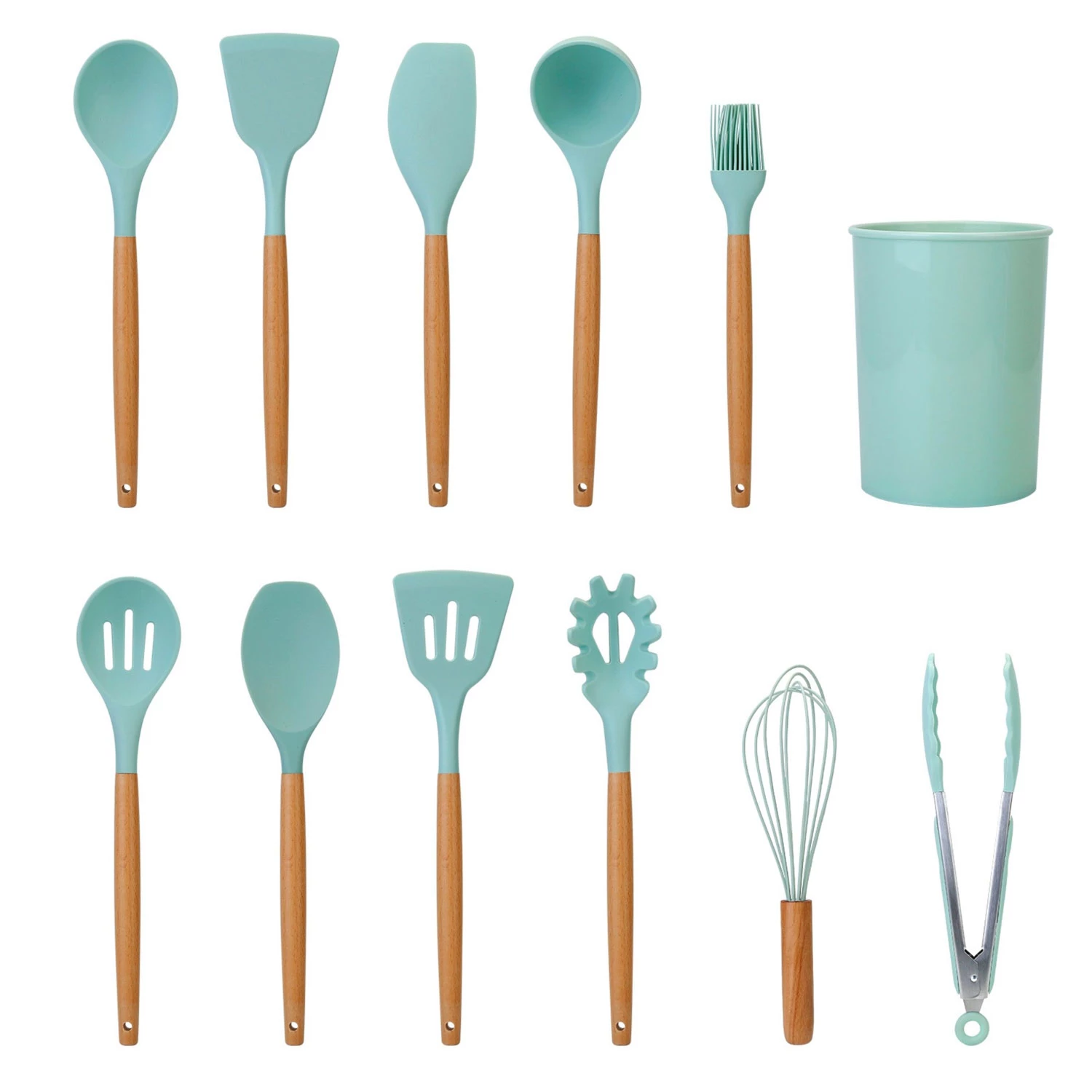 11-piece Silicone Cooking Utensil Set With Heat-resistant Wooden Handle - Spatula, Turner, Ladle