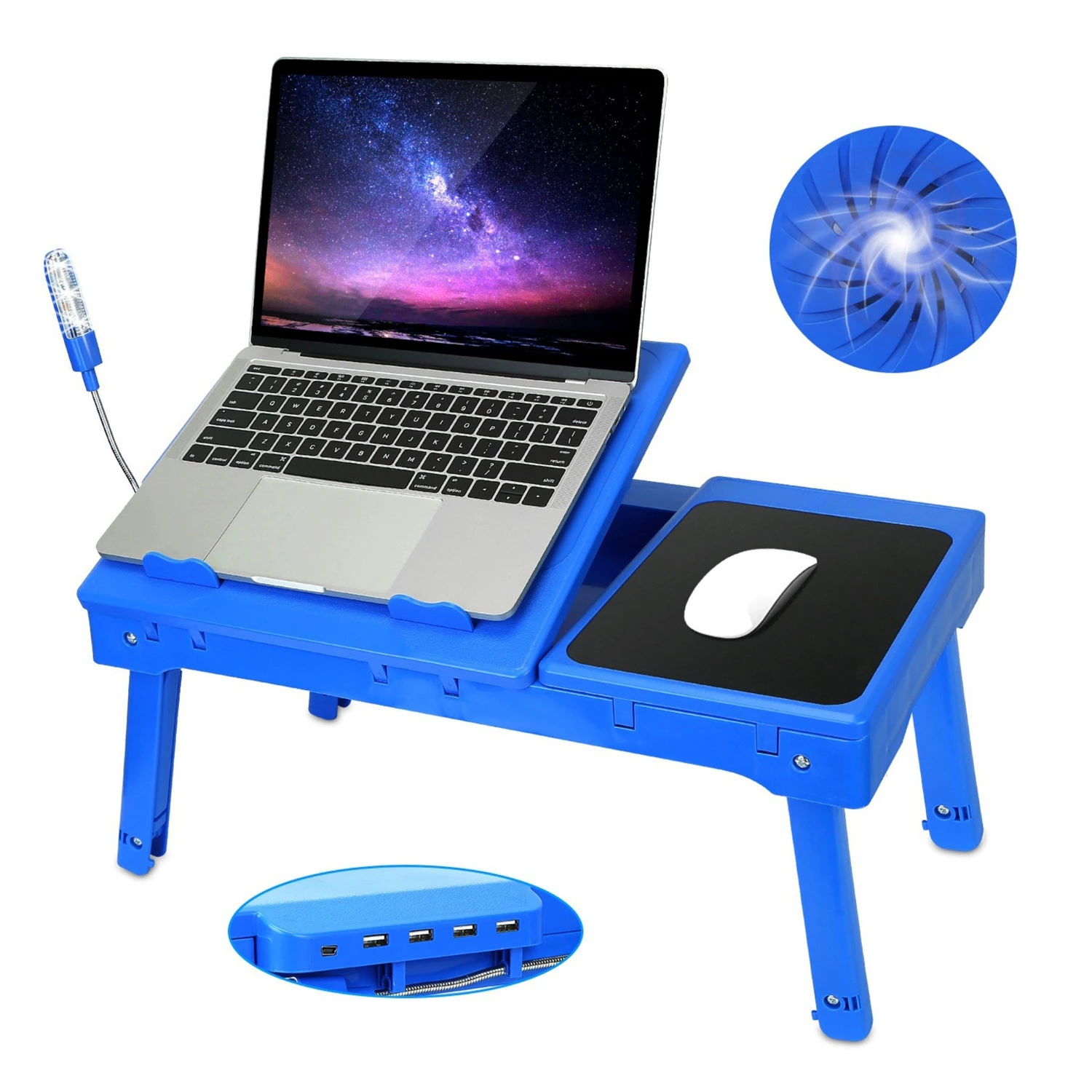 Foldable Laptop Table Bed Desk w/Cooling Fan Mouse Board LED 4 USB Ports