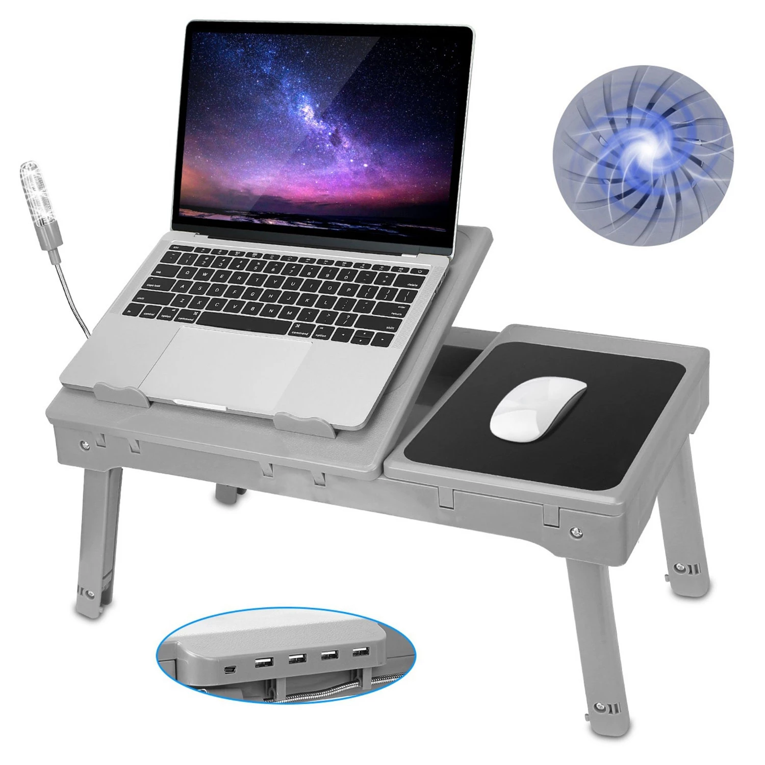 Foldable Laptop Table Bed Desk w/Cooling Fan Mouse Board LED 4 USB Ports