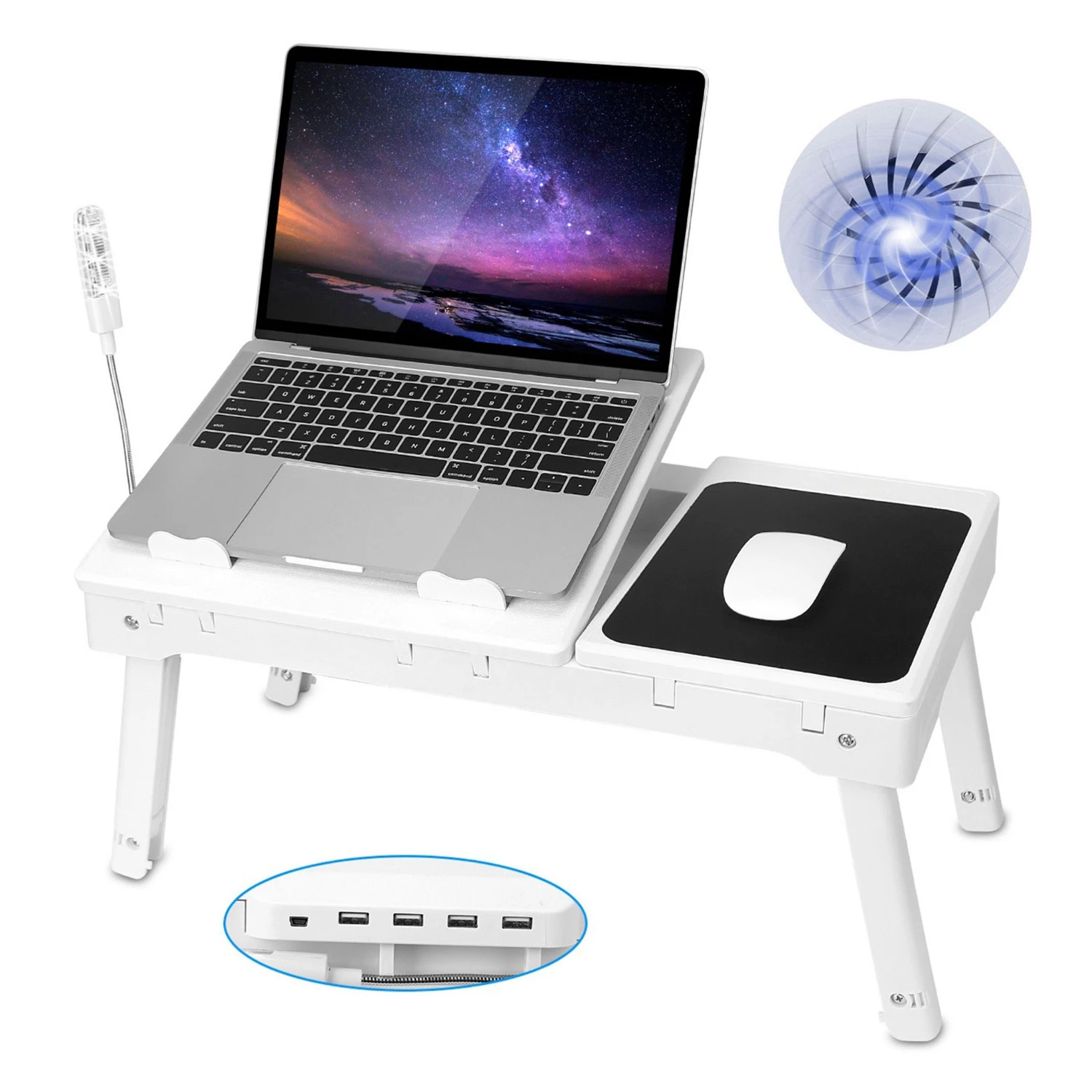 Foldable Laptop Table Bed Desk w/Cooling Fan Mouse Board LED 4 USB Ports