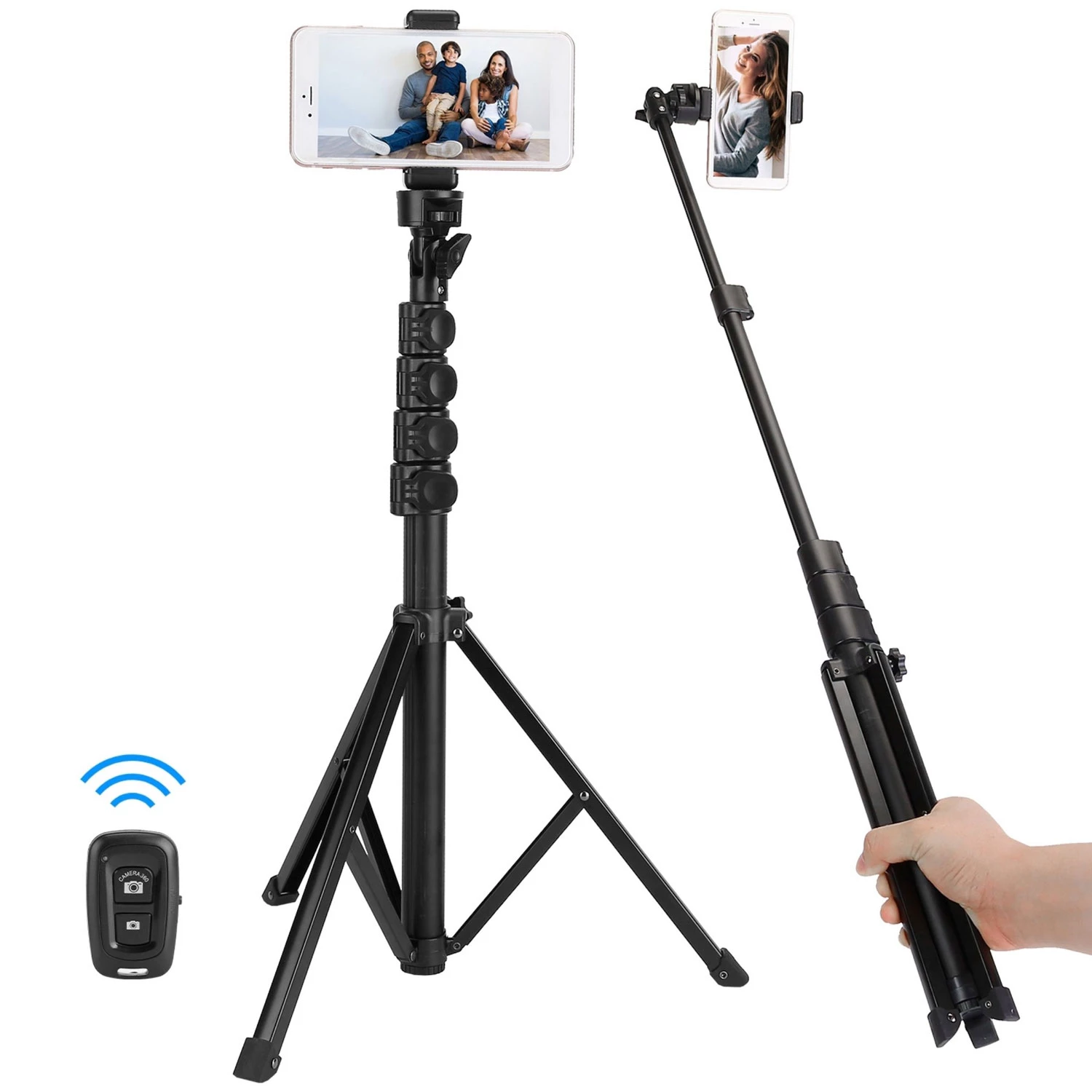 Wireless Desktop Phone Tripod Stand Holder with Remote Shutter - 60in Extendable Selfie Stick for 6