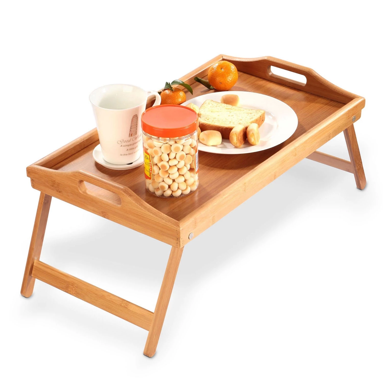 Bamboo Folding Bed Tray Table with Handles - Serving, Snack, Breakfast Tray