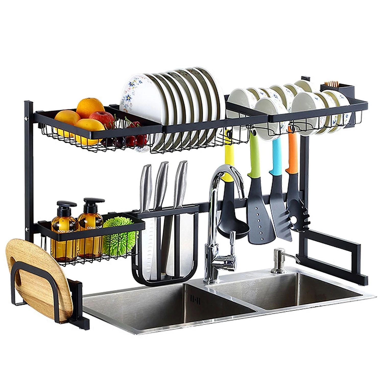 2-Tier Sink Dish Drying Rack, Stainless Steel 33.7" Large Drainer And Utensil Organizer