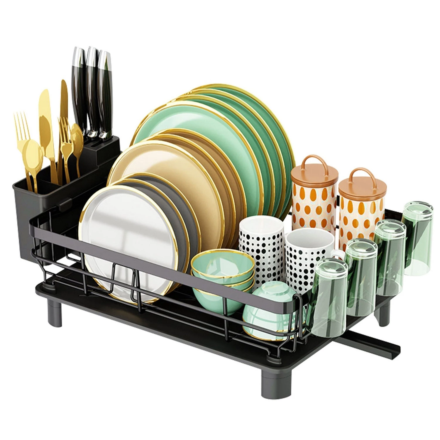 Kitchen Countertop Dish Drying Rack with Utensil Holder, Drain Board, And Storage Shelf