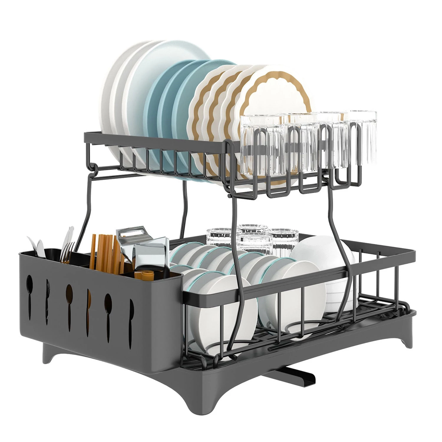 2-tier Dish Drying Rack With Detachable Drainboard Utensil Holder