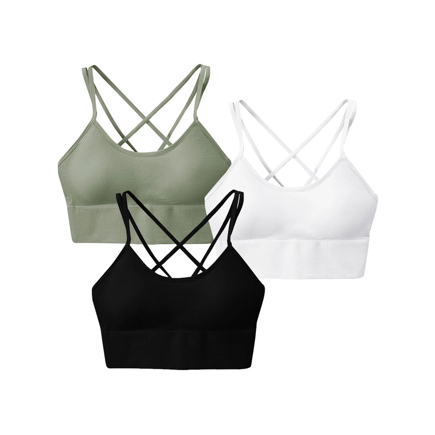 3 Packs Women Cross Back Sport Bras Padded Strappy Medium Support Bras Sexy Fitness Tank Tops