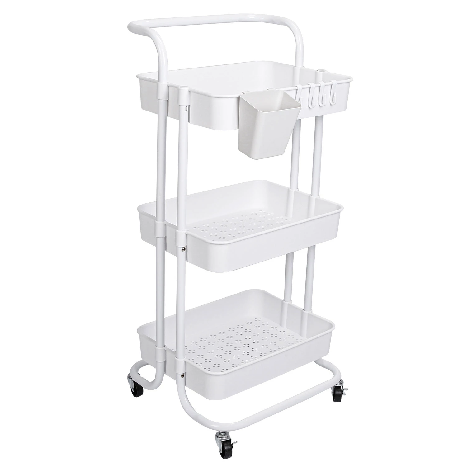 3 Tier Rolling Utility Cart Movable Storage Organizer with Mesh Baskets Lockable Wheels 360 Degree R