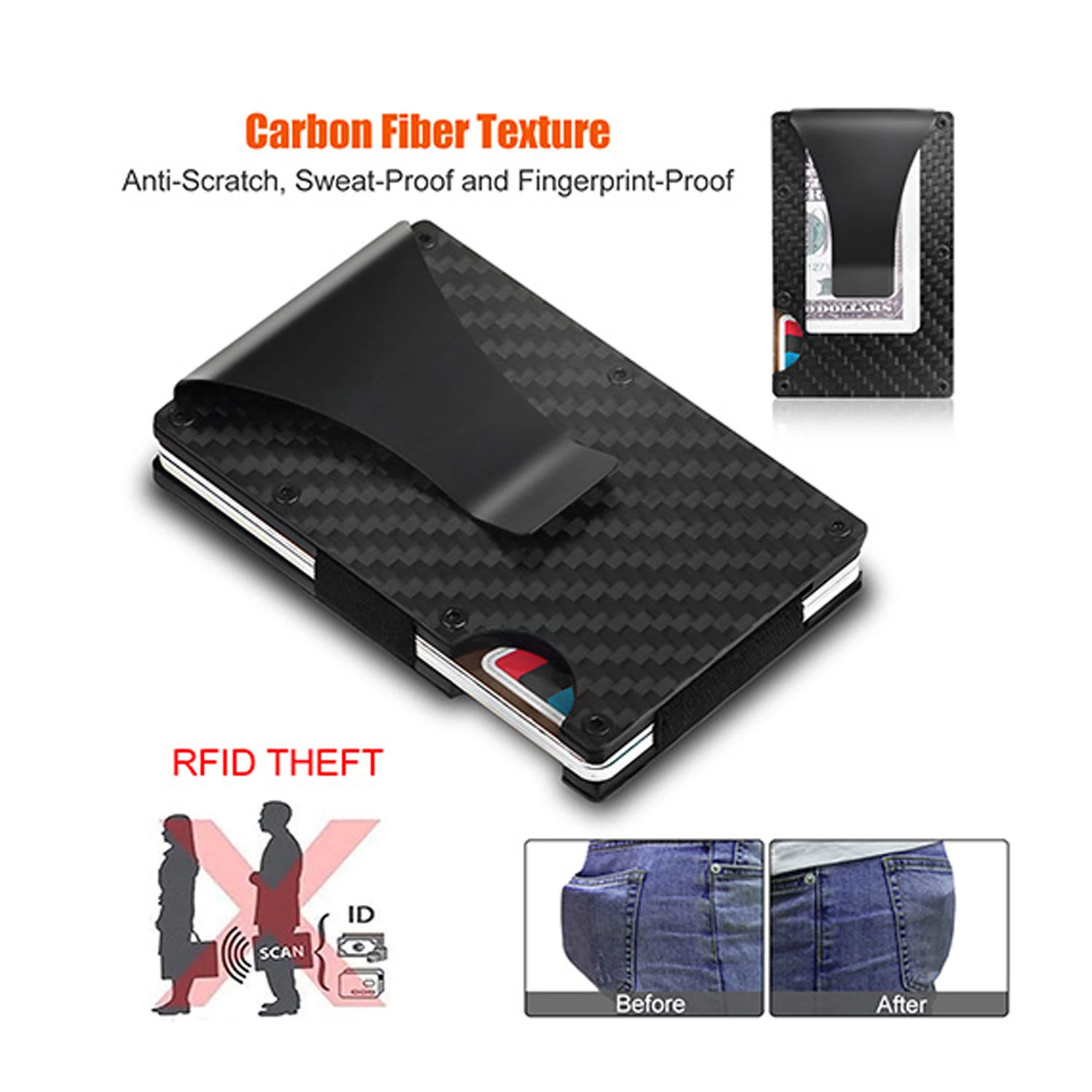Credit Card Holder Wallet W/Cash Clip Carbon Fiber RFID Blocking Anti Scan Card Protector For Men