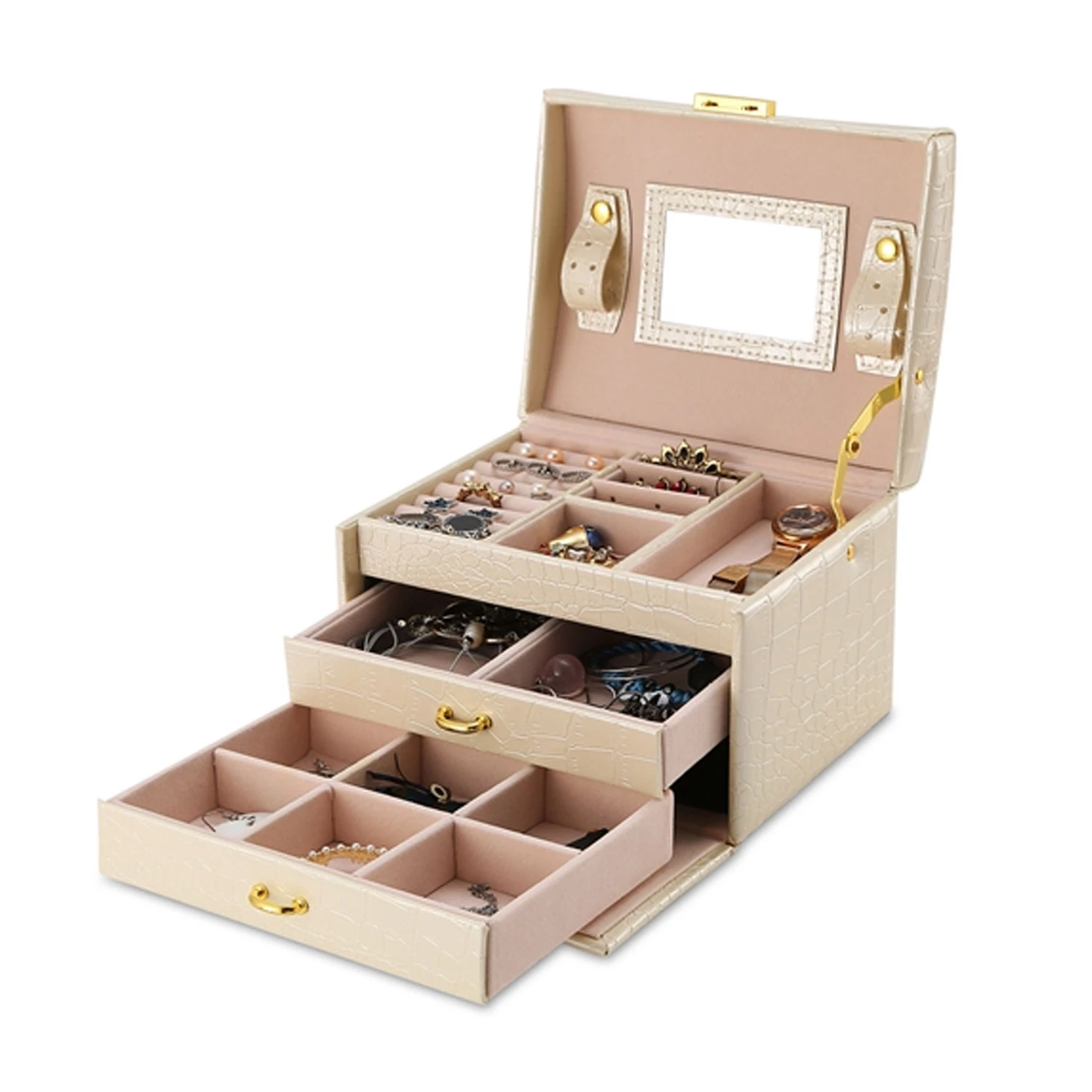 Jewelry Case Organizer 3-layer Lockable Travel Jewelry Box PU Leather Storage Display Case With Mirr