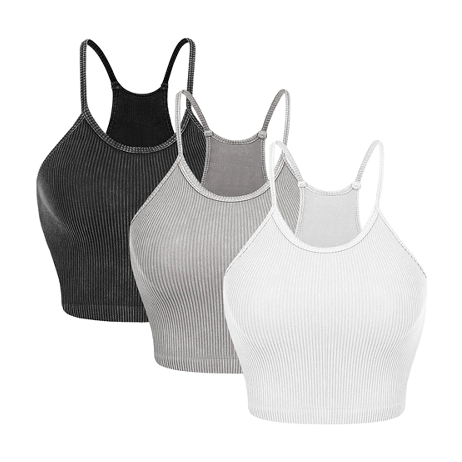 3 Pack Women Crop Basic Tank Top Ribbed Knit Sleeveless Round Neck 9 Color Machine Wash Summer Crop