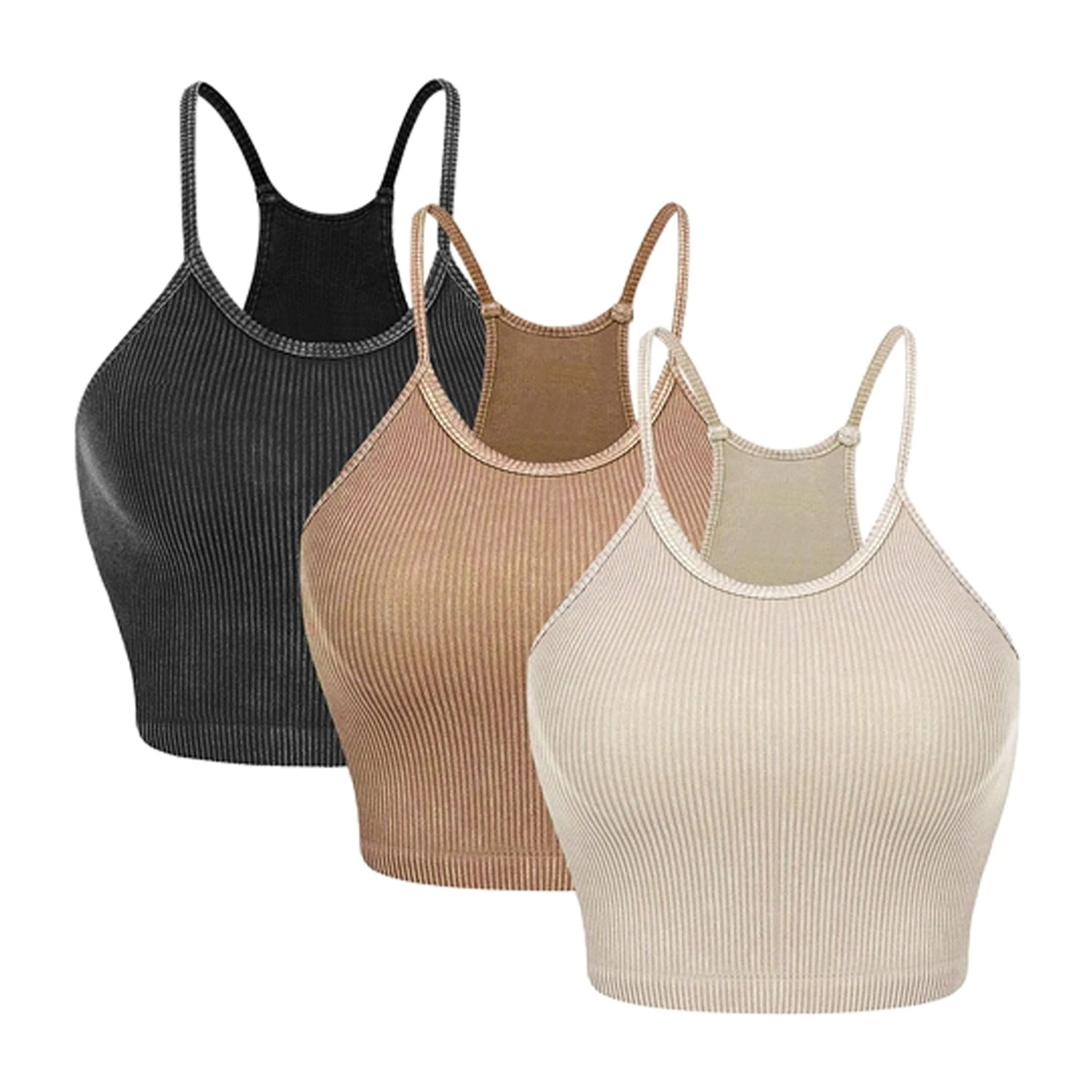 3 Pack Women Crop Basic Tank Top Ribbed Knit Sleeveless Round Neck 9 Color Machine Wash Summer Crop