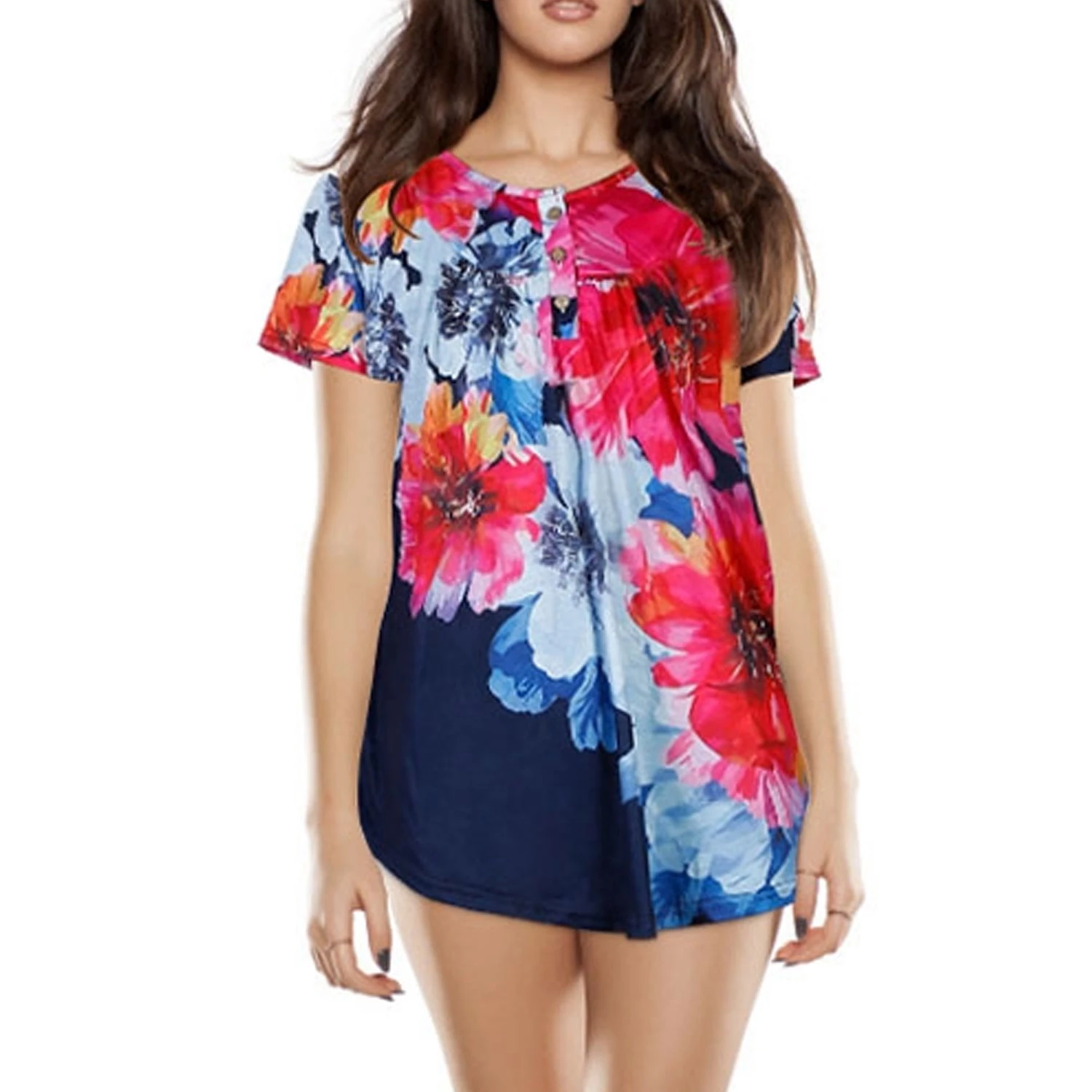 Women's Summer Shirts Tops Loose Short Sleeve T-Shirts Casual Floral Printed Button Shirts Blouse