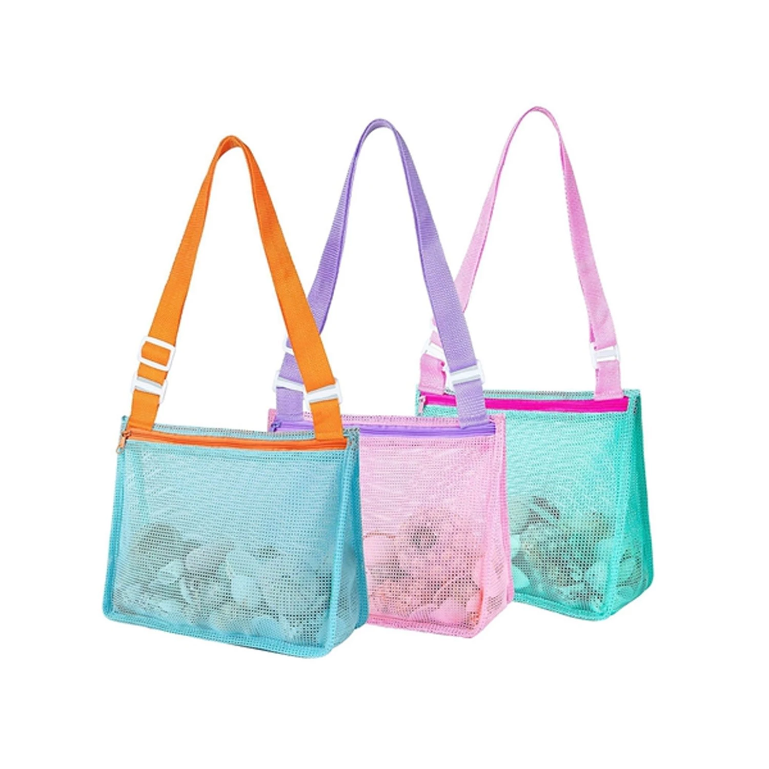 3pcs Beach Mesh Bags Seashell Sand Toys Collecting Tote Bags With Adjustable Straps For Boys Girls